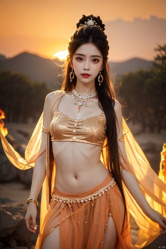  1girl, fire, long_hair, jewelry, solo, navel, earrings, nail_polish, sunset, black_hair, 