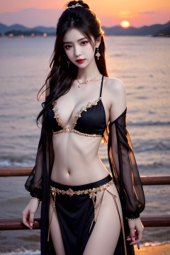  1girl, fire, long_hair, jewelry, solo, navel, earrings, nail_polish, sunset, black_hair, 