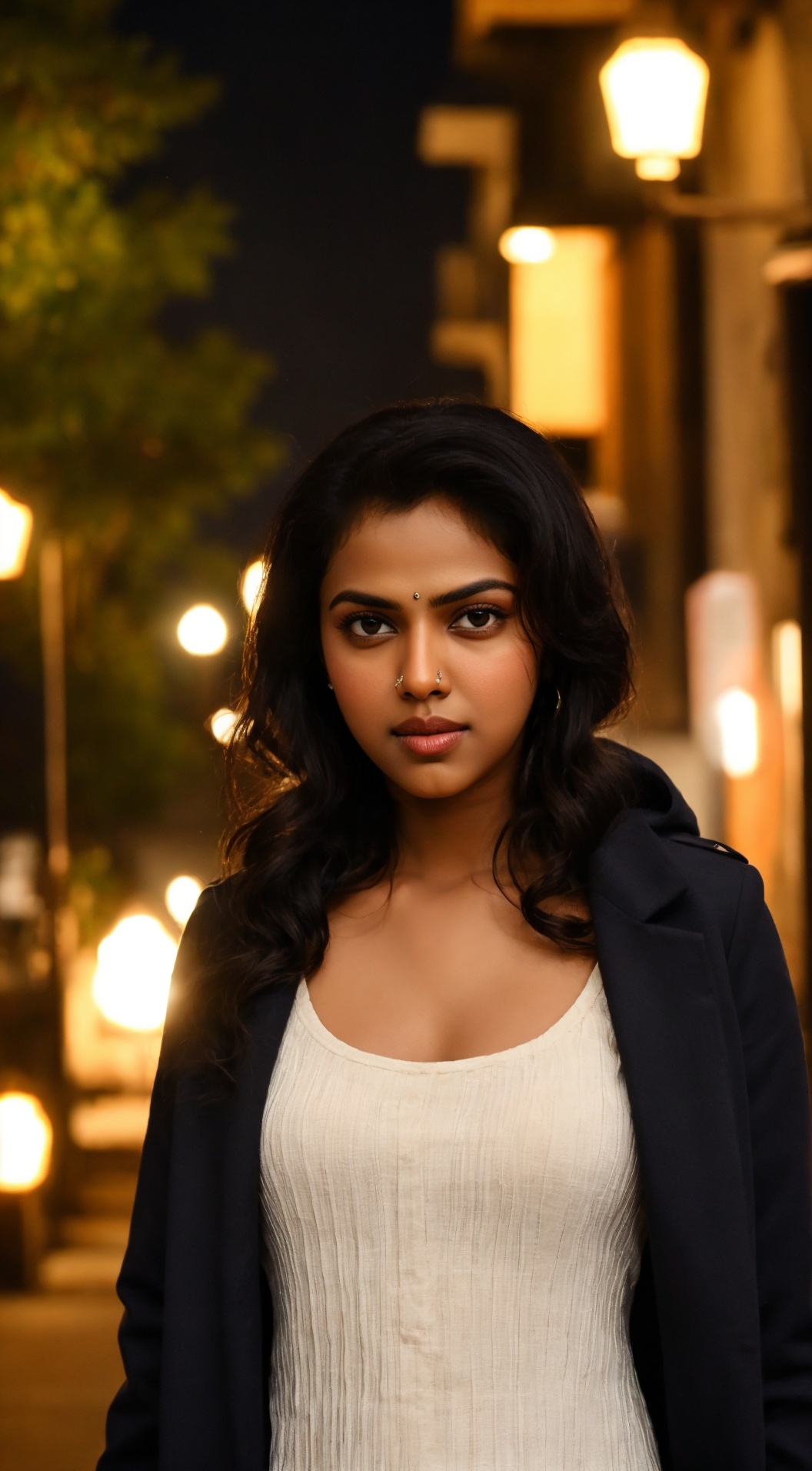 beautiful girl standing in dark street at night,  23yo,  dishelved black hair on Tensor.Art