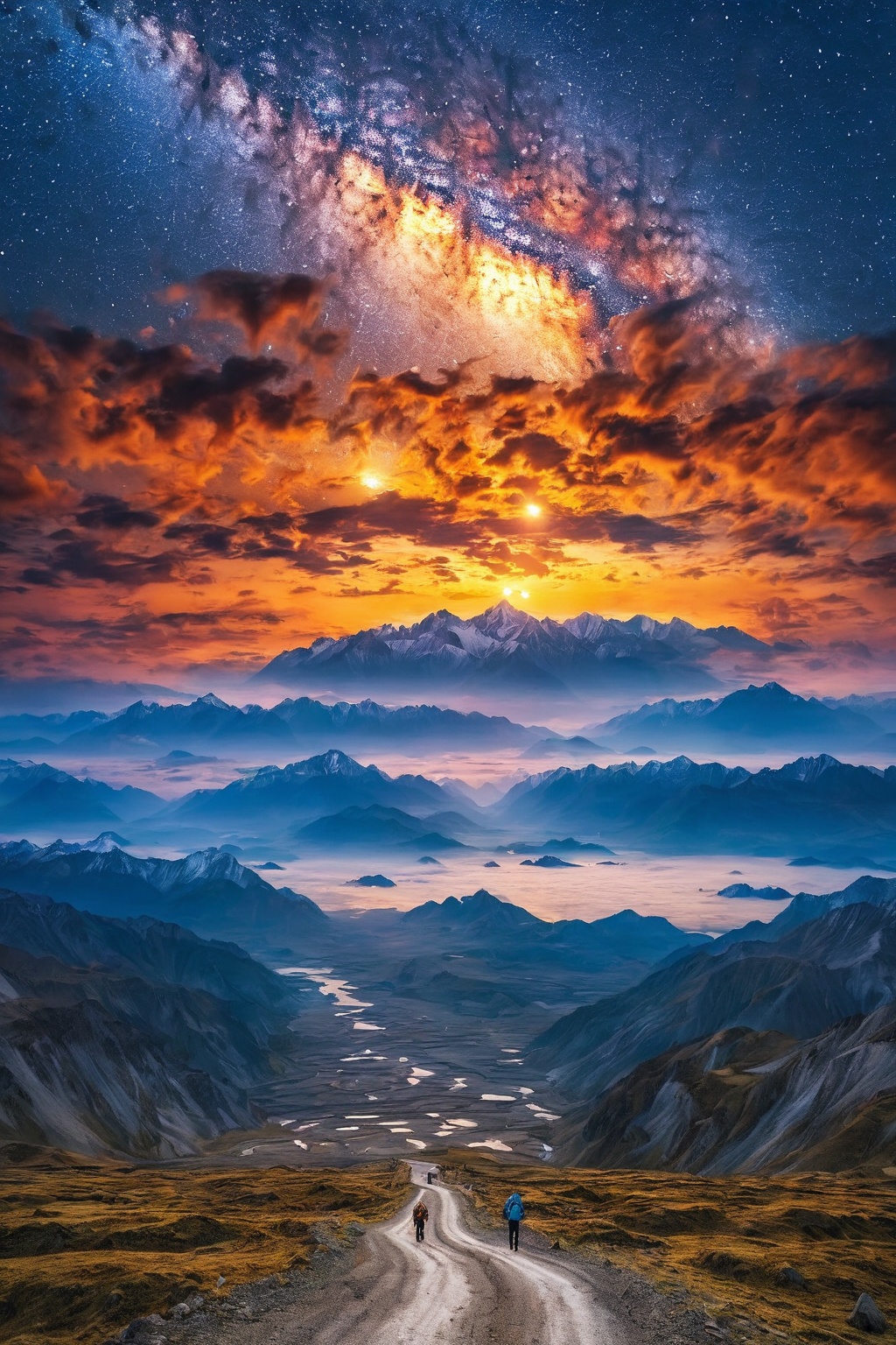 duobaansheying,star (sky),no humans,night,scenery,,night sky,Starry sky, Milky Way, stars, snow-capped mountains