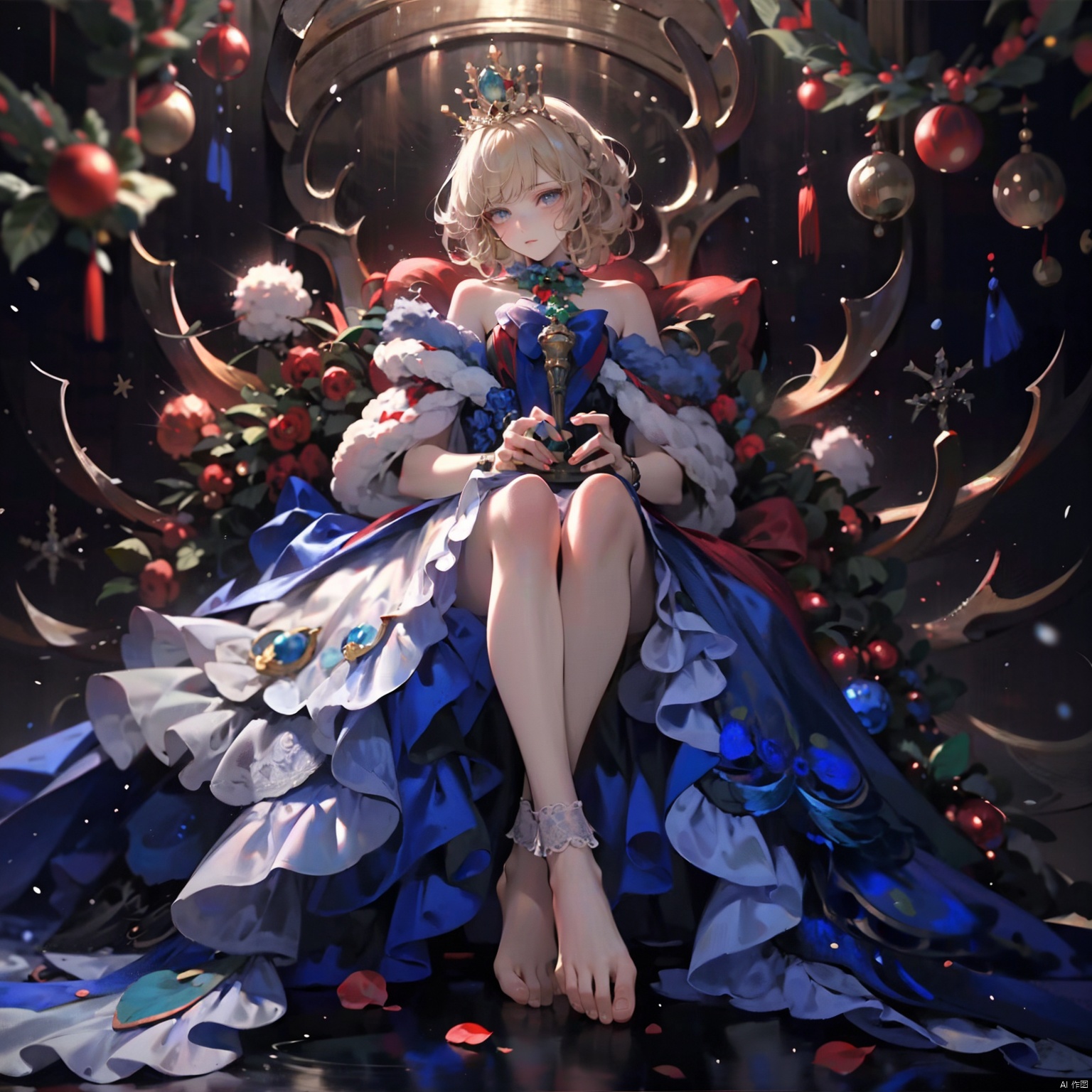 zukong,foot focus,barefoot,spread toes,(full body:1.2),Peacock Girl, (Solo) , (Snow: 1.5) , (dark background, solid color simple-RChristmastRed VelvetlShawlhawl, velvet Antler Tiara) , photography style, wearing a Christmas hat on his head, holding a large round crystal light box in both hands, many colorful gift boxes falling from the ground, blonde hair, freckles, detailed Christmas lights Christmas Tree Christmas presents Christmas stockings, white lace knee socks, warm light, tiara, ,foot focus
