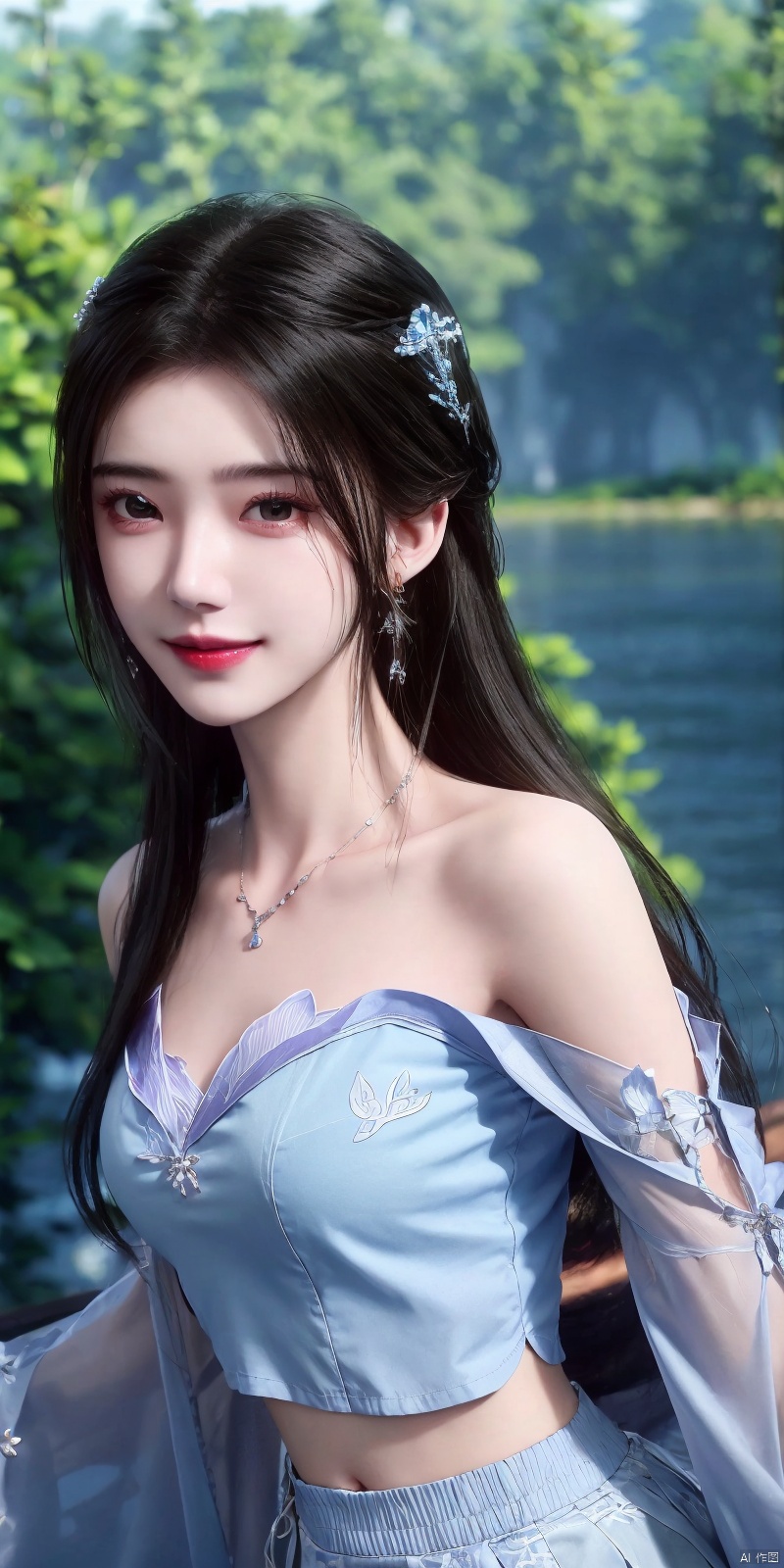  best quality, masterpiece, realistic,cowboy_shot,(Good structure), DSLR Quality,Depth of field,kind smile,looking_at_viewer,Dynamic pose, 
1girl, solo, long hair, , looking at viewer, skirt, hair ornament, bare shoulders, jewelry, , black hair, earrings, outdoors, midriff, water, necklace, lips, crop top, grey eyes, leaning forward, ocean, white skirt, strapless vest, sunset, sun, , ,  , limuwan