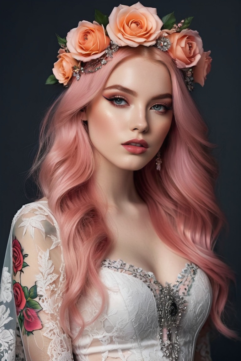 In the vibrant and detailed image,  a mesmerizing young British woman with gothic style poses for a high fashion magazine....