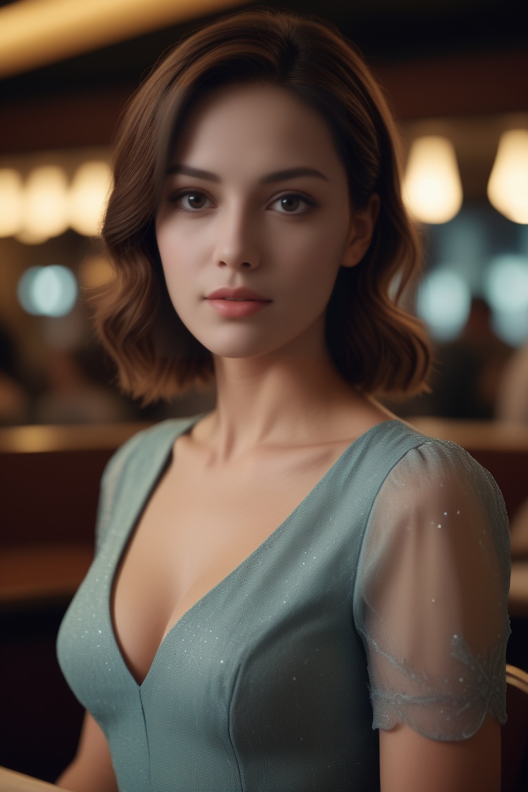 close-up cinematic film still of ((ohwx woman)) in a restaurant ,  wearing a dress,  shallow depth of field on Tensor.Art