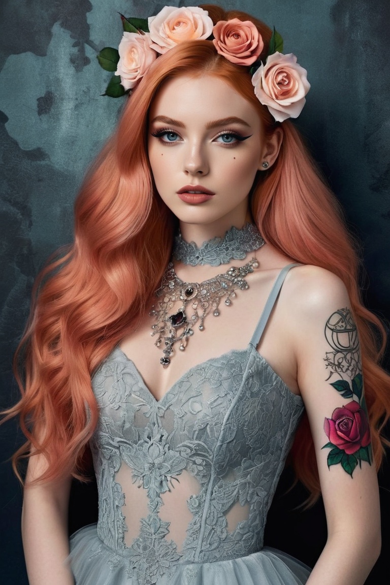 In the vibrant and detailed image,  a mesmerizing young British woman with gothic style poses for a high fashion magazine....