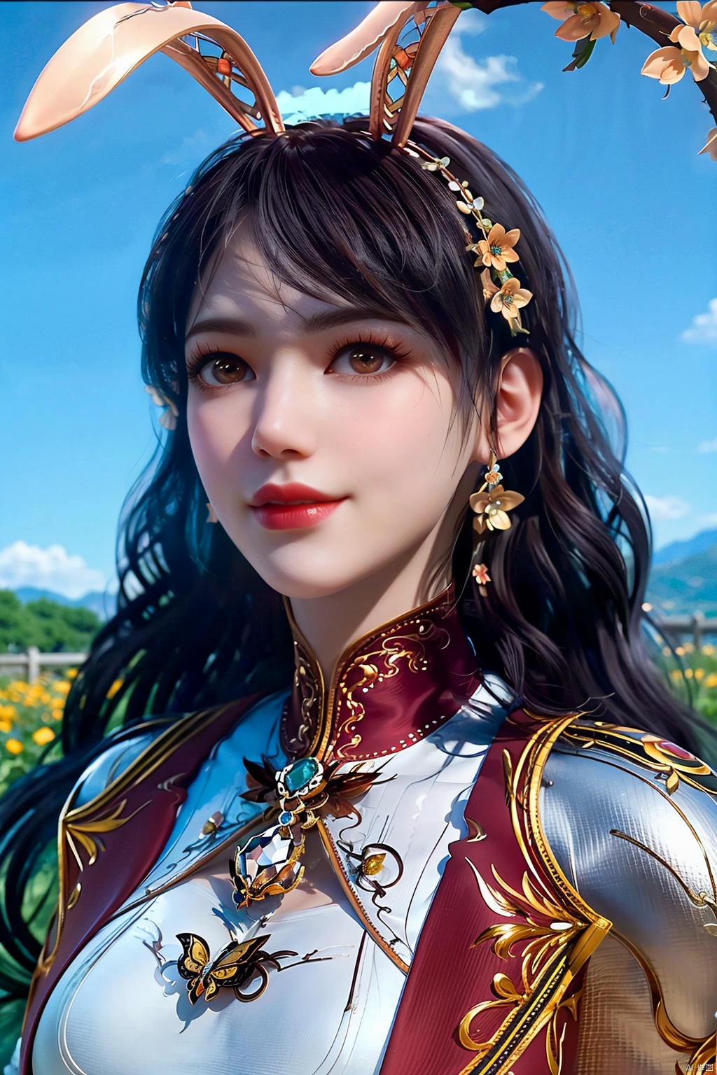 (8k, RAW photo, best quality, masterpiece:1.2),
(realistic, photo-realistic:1.1),ultra-detailed,extremely detailed cg 8k wallpaper,
(crystalstexture skin:1.4),(extremely delicate and beautiful), solo,1girl, solo, long hair, brown eyes, black hair,  jewelry, looking at viewer, dress, bracelet,  clenched hand, white dress, lips, long sleeves, realistic, jacket, hairband, hair ornament, breasts,((rabbit ears,))
,1girl,portrait,solo,(smile),(red eyes,glass slipper ),earrings,jewelry,closed mouth,,smile,collarbone,red lips,(white skin),outdoors,,perfect hand,,(fantastic scenery, Rainbow, Sky,cherry blossoms,flowers,butterfly,mountain,spring \(season\), ,((looking at viewer)), 1girl,,  flower_field, lips, ,   , jnn