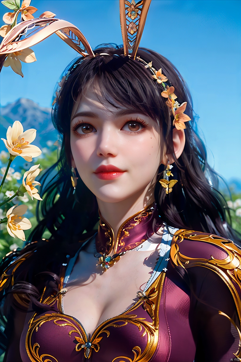(8k, RAW photo, best quality, masterpiece:1.2),
(realistic, photo-realistic:1.1),ultra-detailed,extremely detailed cg 8k wallpaper,
(crystalstexture skin:1.4),(extremely delicate and beautiful), solo,1girl, solo, long hair, brown eyes, black hair,  jewelry, looking at viewer, dress, bracelet,  clenched hand, white dress, lips, long sleeves, realistic, jacket, hairband, hair ornament, breasts,((rabbit ears,nude,nipples))
,1girl,portrait,solo,(smile),(red eyes,glass slipper ),earrings,jewelry,closed mouth,,smile,collarbone,red lips,(white skin),outdoors,,perfect hand,,(fantastic scenery, Rainbow, Sky,cherry blossoms,flowers,butterfly,mountain,spring \(season\), ,((looking at viewer)), 1girl,,  flower_field, lips, ,   