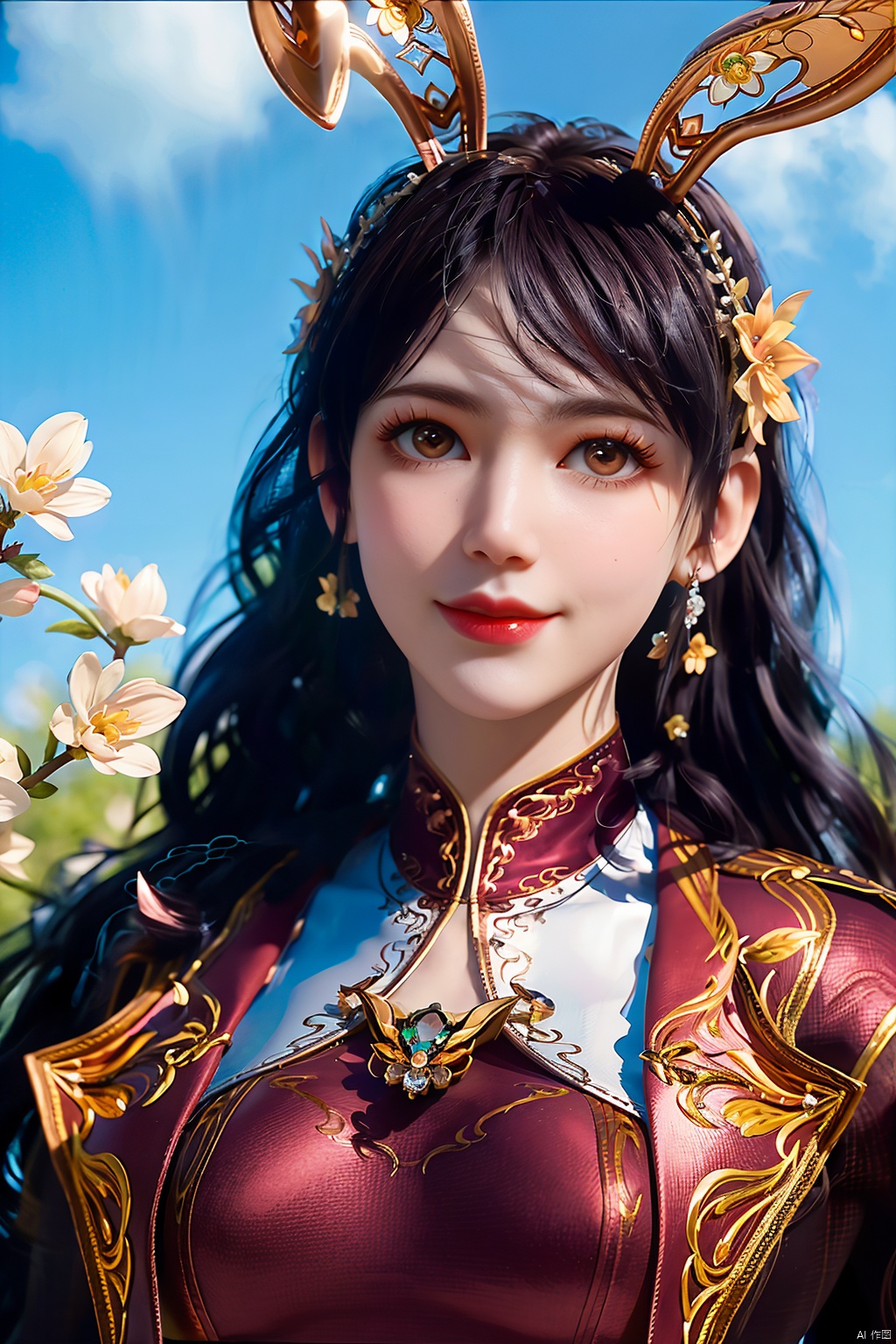 (8k, RAW photo, best quality, masterpiece:1.2),
(realistic, photo-realistic:1.1),ultra-detailed,extremely detailed cg 8k wallpaper,
(crystalstexture skin:1.4),(extremely delicate and beautiful), solo,1girl, solo, long hair, brown eyes, black hair,  jewelry, looking at viewer, dress, bracelet,  clenched hand, white dress, lips, long sleeves, realistic, jacket, hairband, hair ornament, breasts,((rabbit ears,))
,1girl,portrait,solo,(smile),(red eyes,glass slipper ),earrings,jewelry,closed mouth,,smile,collarbone,red lips,(white skin),outdoors,,perfect hand,,(fantastic scenery, Rainbow, Sky,cherry blossoms,flowers,butterfly,mountain,spring \(season\), ,((looking at viewer)), 1girl,,  flower_field, lips, ,   , jnn