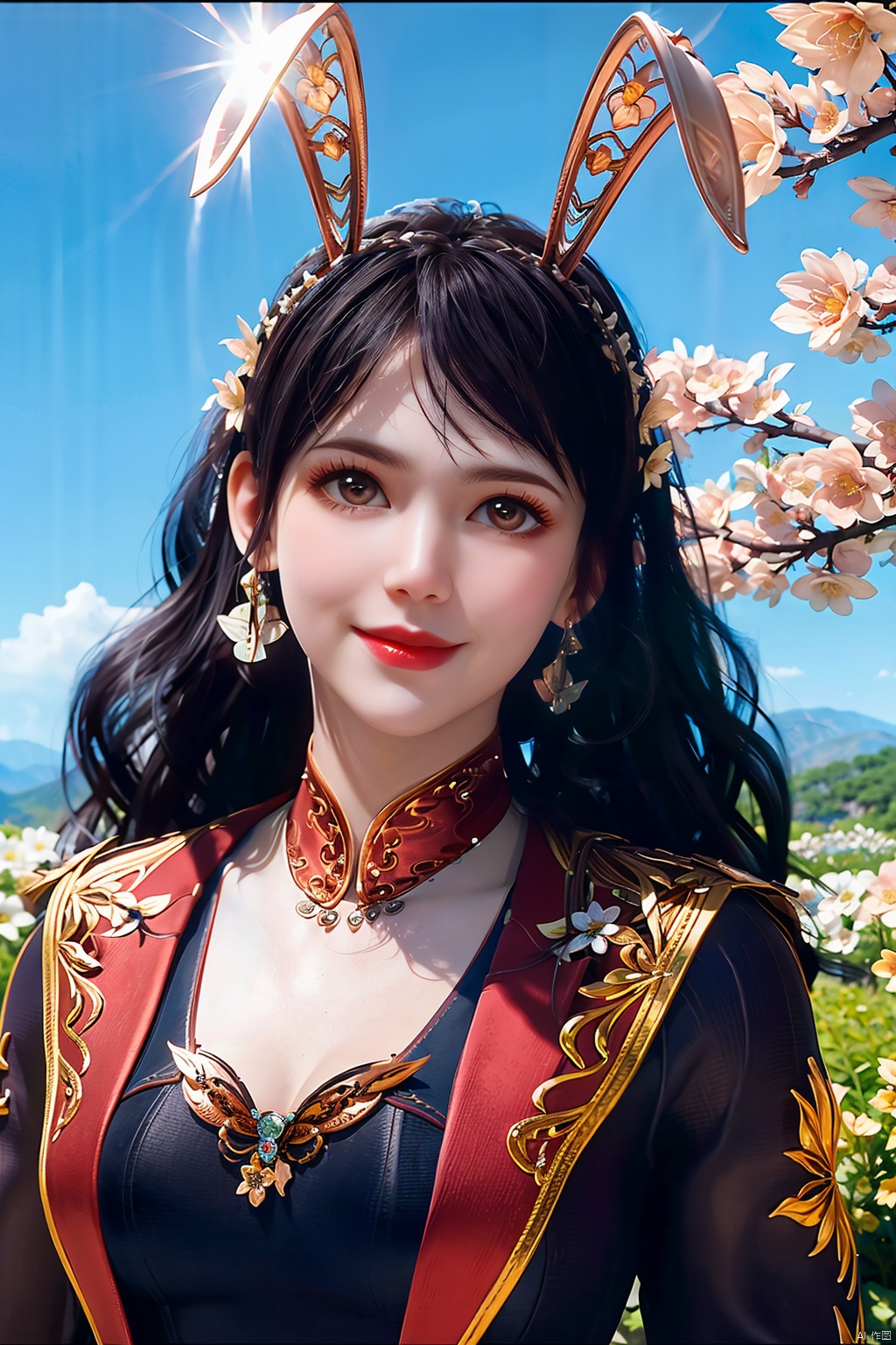 (8k, RAW photo, best quality, masterpiece:1.2),
(realistic, photo-realistic:1.1),ultra-detailed,extremely detailed cg 8k wallpaper,
(crystalstexture skin:1.4),(extremely delicate and beautiful), solo,1girl, solo, long hair, brown eyes, black hair,  jewelry, looking at viewer, dress, bracelet,  clenched hand, white dress, lips, long sleeves, realistic, jacket, hairband, hair ornament, breasts,((rabbit ears,))
,1girl,portrait,solo,(smile),(red eyes,glass slipper ),earrings,jewelry,closed mouth,,smile,collarbone,red lips,(white skin),outdoors,,perfect hand,,(fantastic scenery, Rainbow, Sky,cherry blossoms,flowers,butterfly,mountain,spring \(season\), ,((looking at viewer)), 1girl,,  flower_field, lips, ,   , jnn
