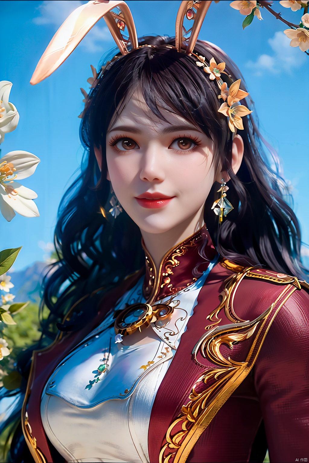 (8k, RAW photo, best quality, masterpiece:1.2),
(realistic, photo-realistic:1.1),ultra-detailed,extremely detailed cg 8k wallpaper,
(crystalstexture skin:1.4),(extremely delicate and beautiful), solo,1girl, solo, long hair, brown eyes, black hair,  jewelry, looking at viewer, dress, bracelet,  clenched hand, white dress, lips, long sleeves, realistic, jacket, hairband, hair ornament, breasts,((rabbit ears,))
,1girl,portrait,solo,(smile),(red eyes,glass slipper ),earrings,jewelry,closed mouth,,smile,collarbone,red lips,(white skin),outdoors,,perfect hand,,(fantastic scenery, Rainbow, Sky,cherry blossoms,flowers,butterfly,mountain,spring \(season\), ,((looking at viewer)), 1girl,,  flower_field, lips, ,   , jnn