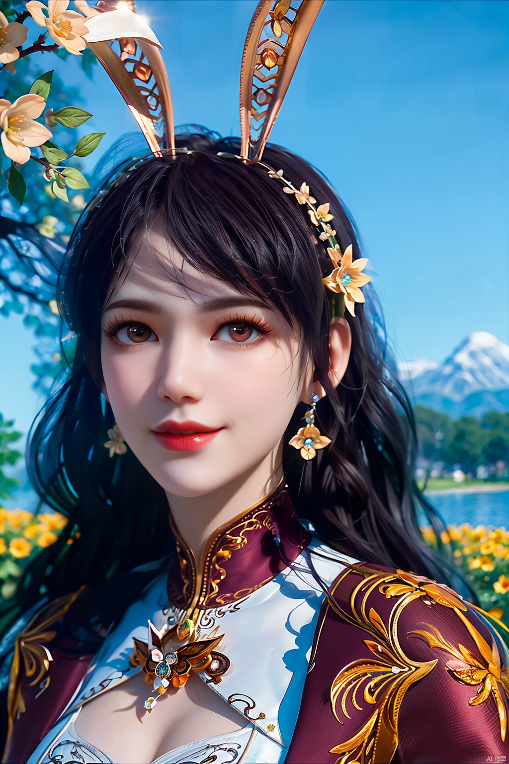 (8k, RAW photo, best quality, masterpiece:1.2),
(realistic, photo-realistic:1.1),ultra-detailed,extremely detailed cg 8k wallpaper,
(crystalstexture skin:1.4),(extremely delicate and beautiful), solo,1girl, solo, long hair, brown eyes, black hair,  jewelry, looking at viewer, dress, bracelet,  clenched hand, white dress, lips, long sleeves, realistic, jacket, hairband, hair ornament, breasts,((rabbit ears,))
,1girl,portrait,solo,(smile),(red eyes,glass slipper ),earrings,jewelry,closed mouth,,smile,collarbone,red lips,(white skin),outdoors,,perfect hand,,(fantastic scenery, Rainbow, Sky,cherry blossoms,flowers,butterfly,mountain,spring \(season\), ,((looking at viewer)), 1girl,,  flower_field, lips, ,   , jnn