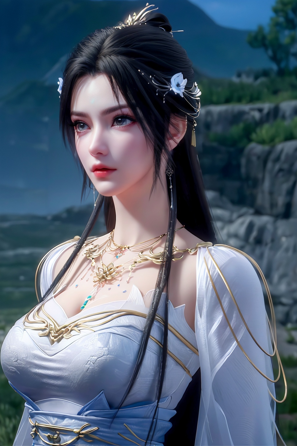 (8k, RAW photo, best quality, masterpiece:1.2),(super realistic, photo-realistic:1.3),ultra-detailed,extremely detailed cg 8k wallpaper,skin gloss,hatching (texture),skin gloss,light persona,perfect body,(crystalstexture skin:1.2),(extremely delicate and beautiful),depth of field,Tyndall effect,full body,1lady,solo,long hair,very long hair,(breasts, medium breasts,cleavage:;1.4),necklace,chinese clothes,white dress,blue eyes,<lora:1111白皙质感:0.3>,xwhd,(mature women),qy-hd,<lora:1221清漪-000018:0.8>,