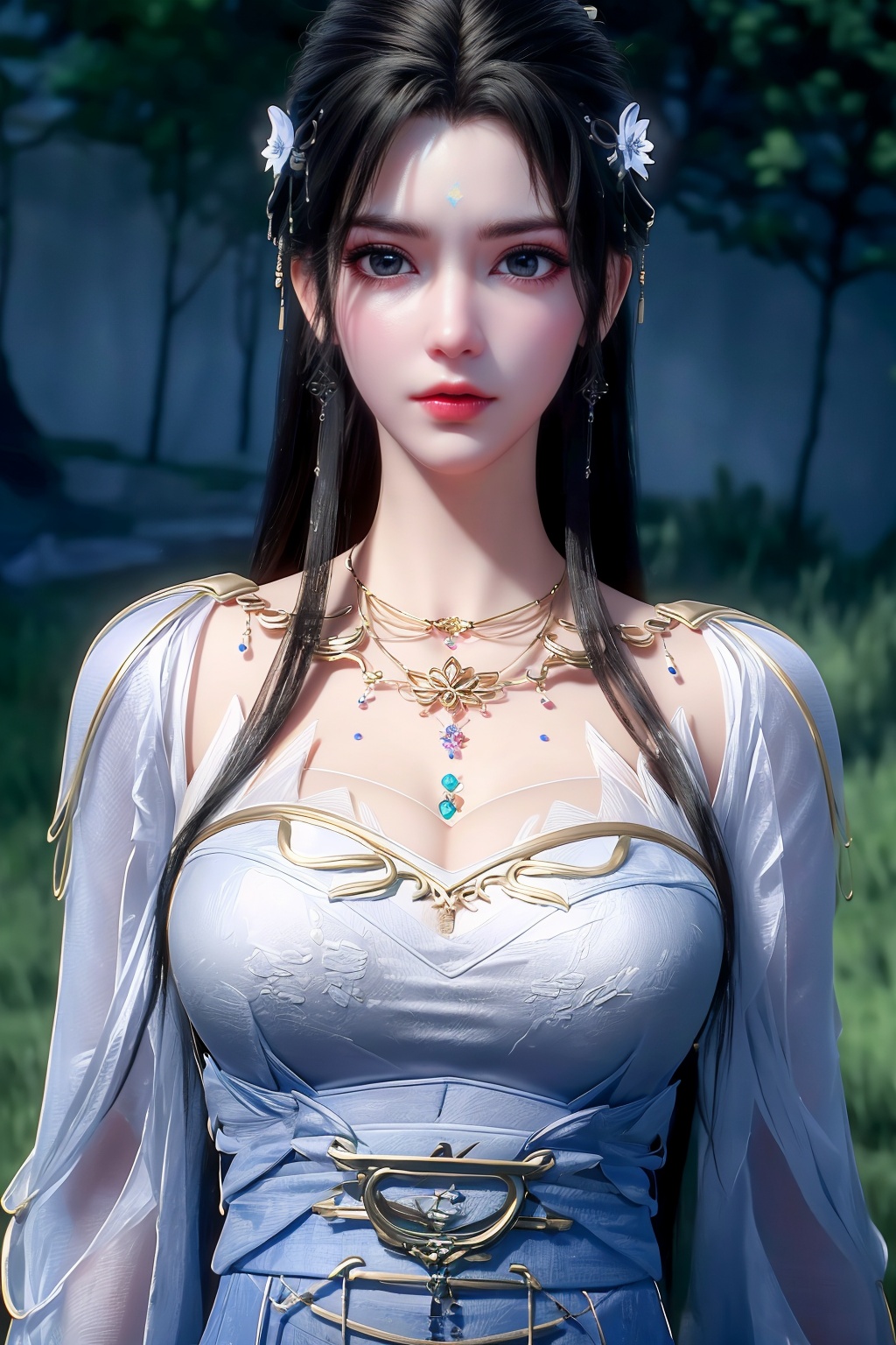 (8k, RAW photo, best quality, masterpiece:1.2),(super realistic, photo-realistic:1.3),ultra-detailed,extremely detailed cg 8k wallpaper,skin gloss,hatching (texture),skin gloss,light persona,perfect body,(crystalstexture skin:1.2),(extremely delicate and beautiful),depth of field,Tyndall effect,1lady,solo,long hair,very long hair,(breasts, medium breasts,cleavage:;1.4),necklace,chinese clothes,white dress,blue eyes,<lora:1111白皙质感:0.3>,xwhd,(mature women),qy-hd,<lora:1221清漪-000018:0.8>,