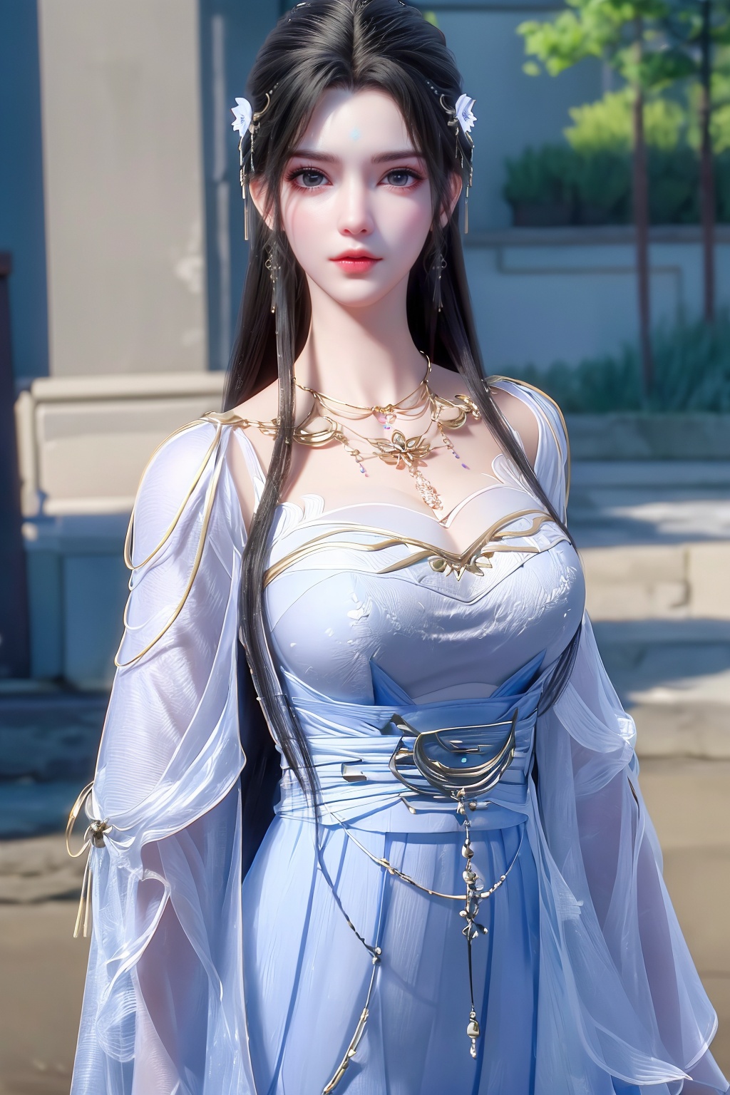 (8k, RAW photo, best quality, masterpiece:1.2),(super realistic, photo-realistic:1.3),ultra-detailed,extremely detailed cg 8k wallpaper,skin gloss,hatching (texture),skin gloss,light persona,perfect body,(crystalstexture skin:1.2),(extremely delicate and beautiful),depth of field,Tyndall effect,full body,1lady,solo,long hair,very long hair,(breasts, medium breasts,cleavage:;1.4),necklace,chinese clothes,white dress,blue eyes,<lora:1111白皙质感:0.3>,xwhd,(mature women),qy-hd,<lora:1221清漪-000018:0.8>,