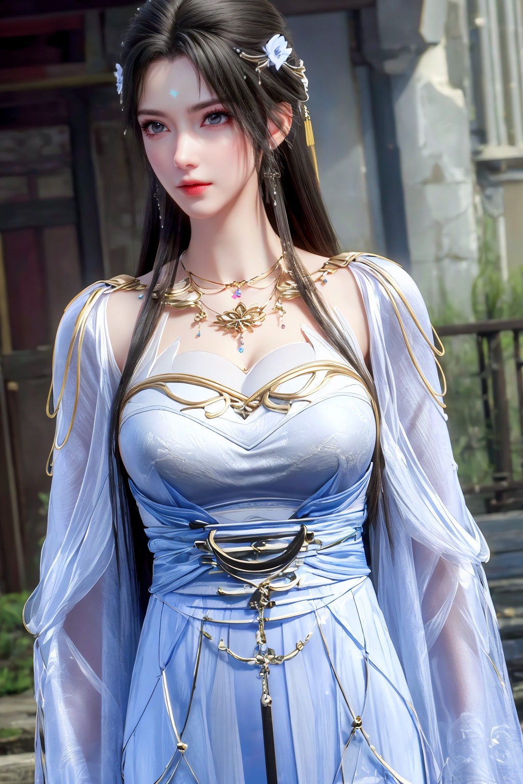 (8k, RAW photo, best quality, masterpiece:1.2),(super realistic, photo-realistic:1.3),ultra-detailed,extremely detailed cg 8k wallpaper,skin gloss,hatching (texture),skin gloss,light persona,perfect body,(crystalstexture skin:1.2),(extremely delicate and beautiful),1lady,solo,long hair,very long hair,(breasts, medium breasts,cleavage:;1.4),necklace,chinese clothes,white dress,blue eyes,<lora:1111白皙质感:0.5>,xwhd,(mature women),qy-hd,<lora:1221清漪-000018:0.8>,