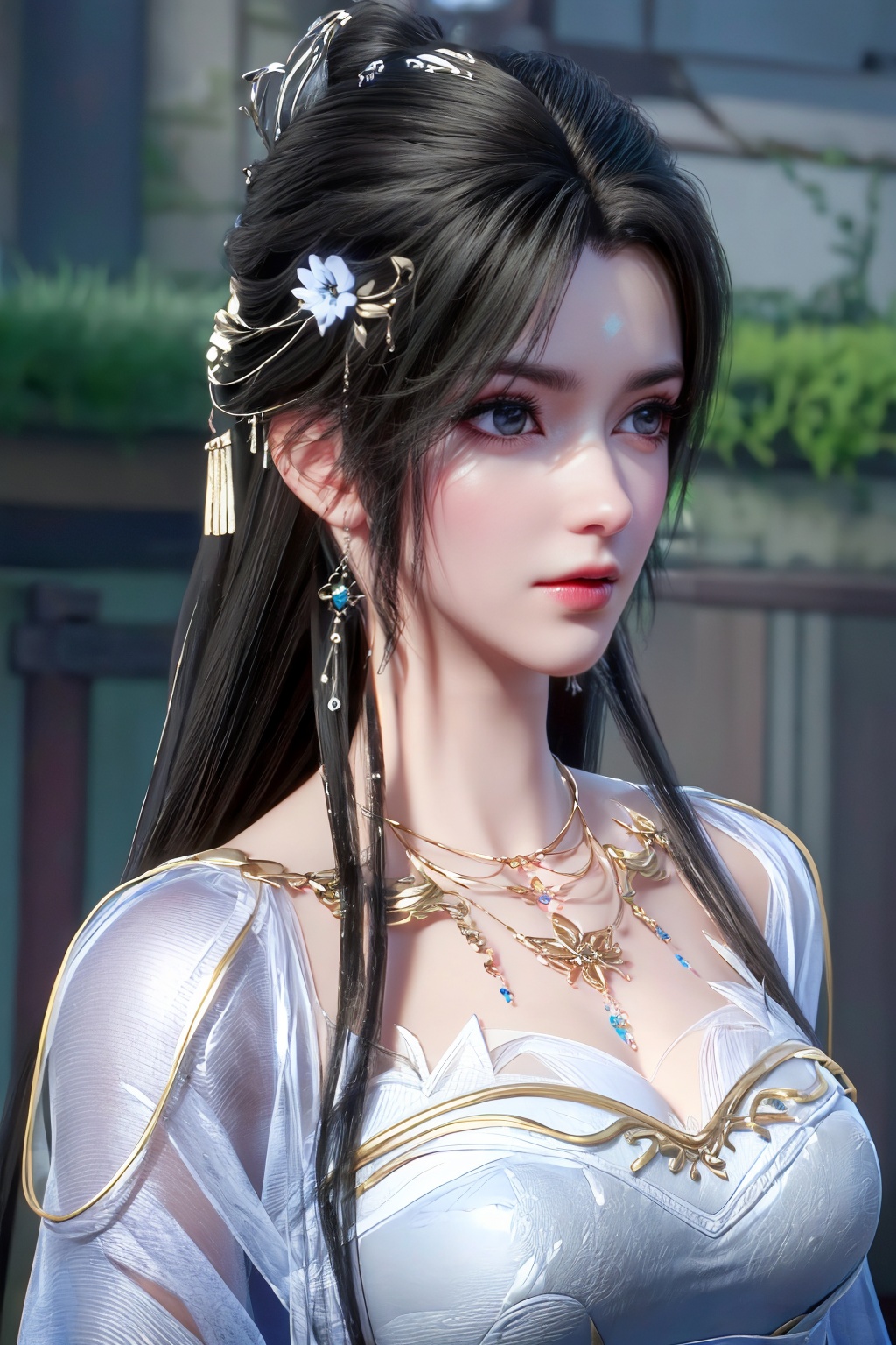 (8k, RAW photo, best quality, masterpiece:1.2),(super realistic, photo-realistic:1.3),ultra-detailed,extremely detailed cg 8k wallpaper,skin gloss,hatching (texture),skin gloss,light persona,perfect body,(crystalstexture skin:1.2),(extremely delicate and beautiful),1lady,solo,long hair,very long hair,(breasts, medium breasts,cleavage:;1.4),necklace,chinese clothes,white dress,blue eyes,<lora:1111白皙质感:0.5>,xwhd,(mature women),qy-hd,<lora:1221清漪-000018:0.8>,