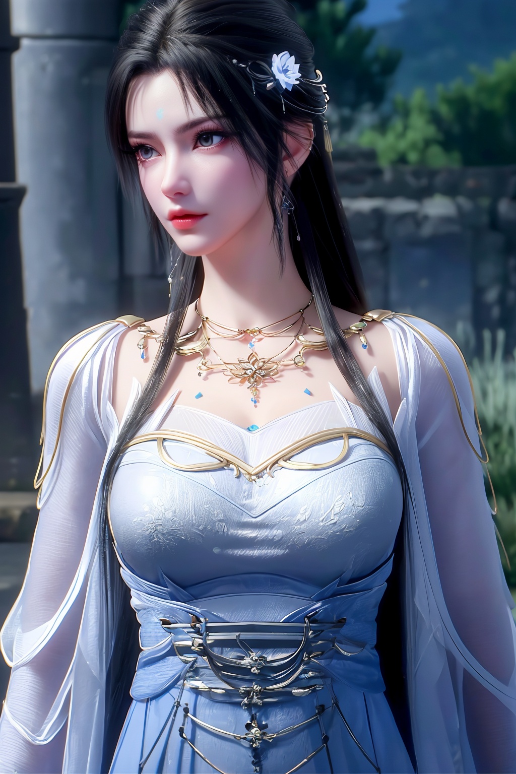 (8k, RAW photo, best quality, masterpiece:1.2),(super realistic, photo-realistic:1.3),ultra-detailed,extremely detailed cg 8k wallpaper,skin gloss,hatching (texture),skin gloss,light persona,perfect body,(crystalstexture skin:1.2),(extremely delicate and beautiful),1lady,solo,long hair,very long hair,(breasts, medium breasts,cleavage:;1.4),necklace,chinese clothes,white dress,blue eyes,<lora:1111白皙质感:0.3>,xwhd,(mature women),qy-hd,<lora:1221清漪-000018:0.8>,