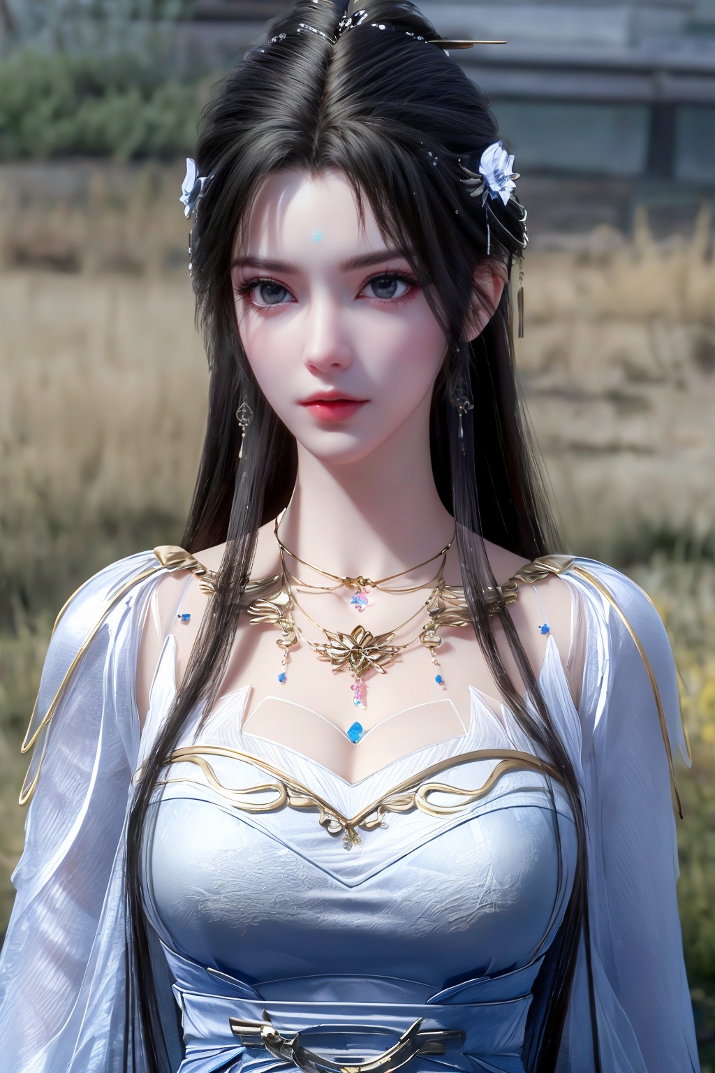 (8k, RAW photo, best quality, masterpiece:1.2),(super realistic, photo-realistic:1.3),ultra-detailed,extremely detailed cg 8k wallpaper,skin gloss,hatching (texture),skin gloss,light persona,perfect body,(crystalstexture skin:1.2),(extremely delicate and beautiful),1lady,solo,long hair,very long hair,(breasts, medium breasts,cleavage:;1.4),necklace,chinese clothes,white dress,blue eyes,<lora:1111白皙质感:0.5>,xwhd,(mature women),qy-hd,<lora:1221清漪-000018:0.8>,