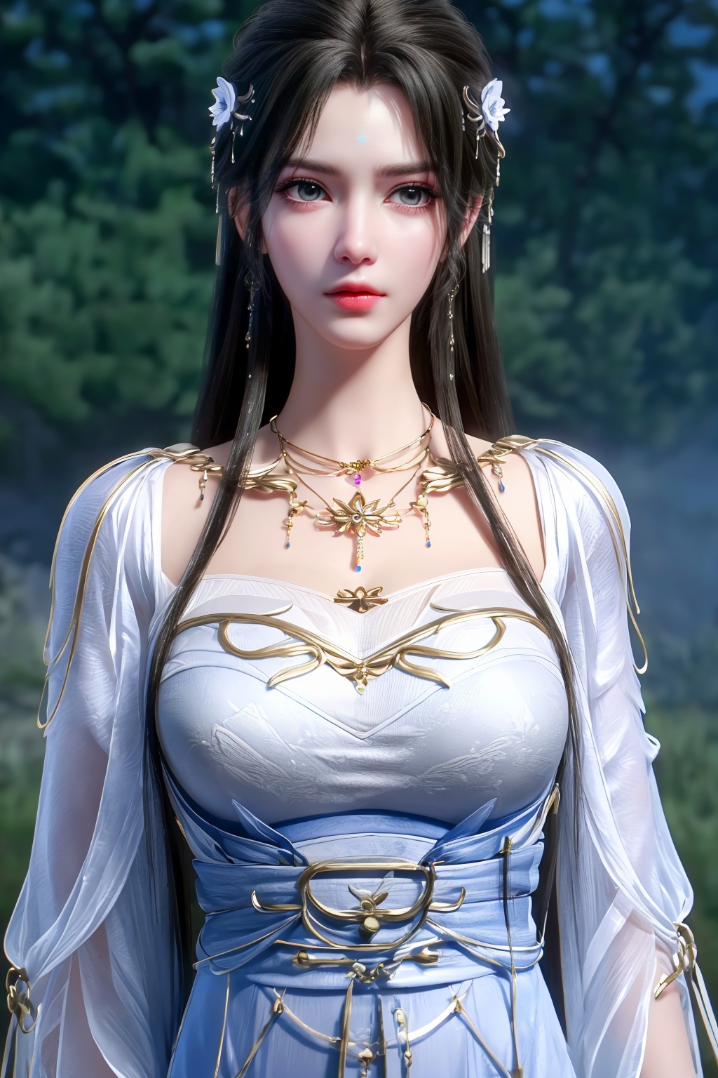(8k, RAW photo, best quality, masterpiece:1.2),(super realistic, photo-realistic:1.3),ultra-detailed,extremely detailed cg 8k wallpaper,skin gloss,hatching (texture),skin gloss,light persona,perfect body,(crystalstexture skin:1.2),(extremely delicate and beautiful),1lady,solo,long hair,very long hair,(breasts, medium breasts,cleavage:;1.4),necklace,chinese clothes,white dress,blue eyes,<lora:1111白皙质感:0.3>,xwhd,(mature women),qy-hd,<lora:1221清漪-000018:0.8>,