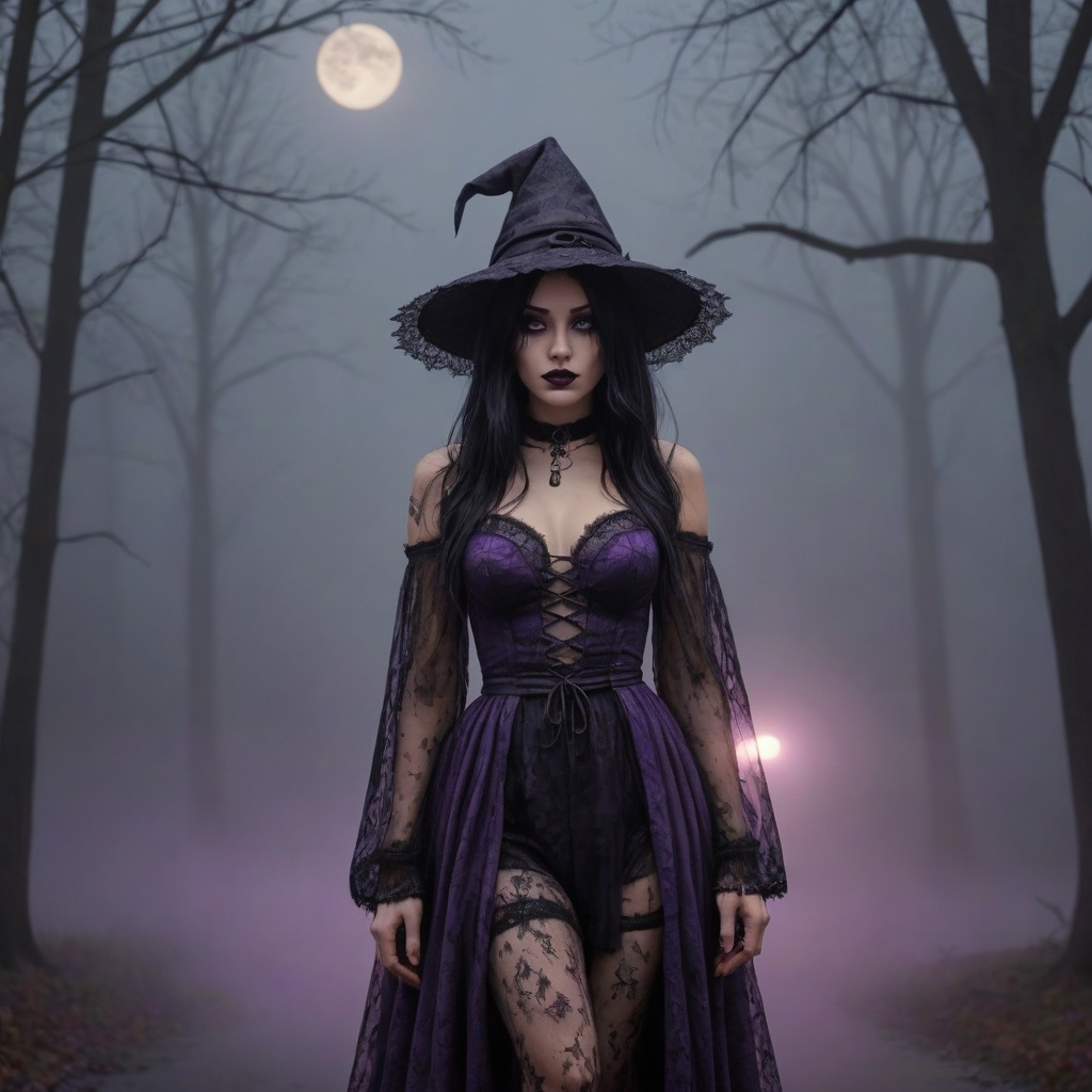Foggy dream scene with my hippy goth witch waifu,  woman of my dreams,  purple fog and lace and night on Tensor.Art