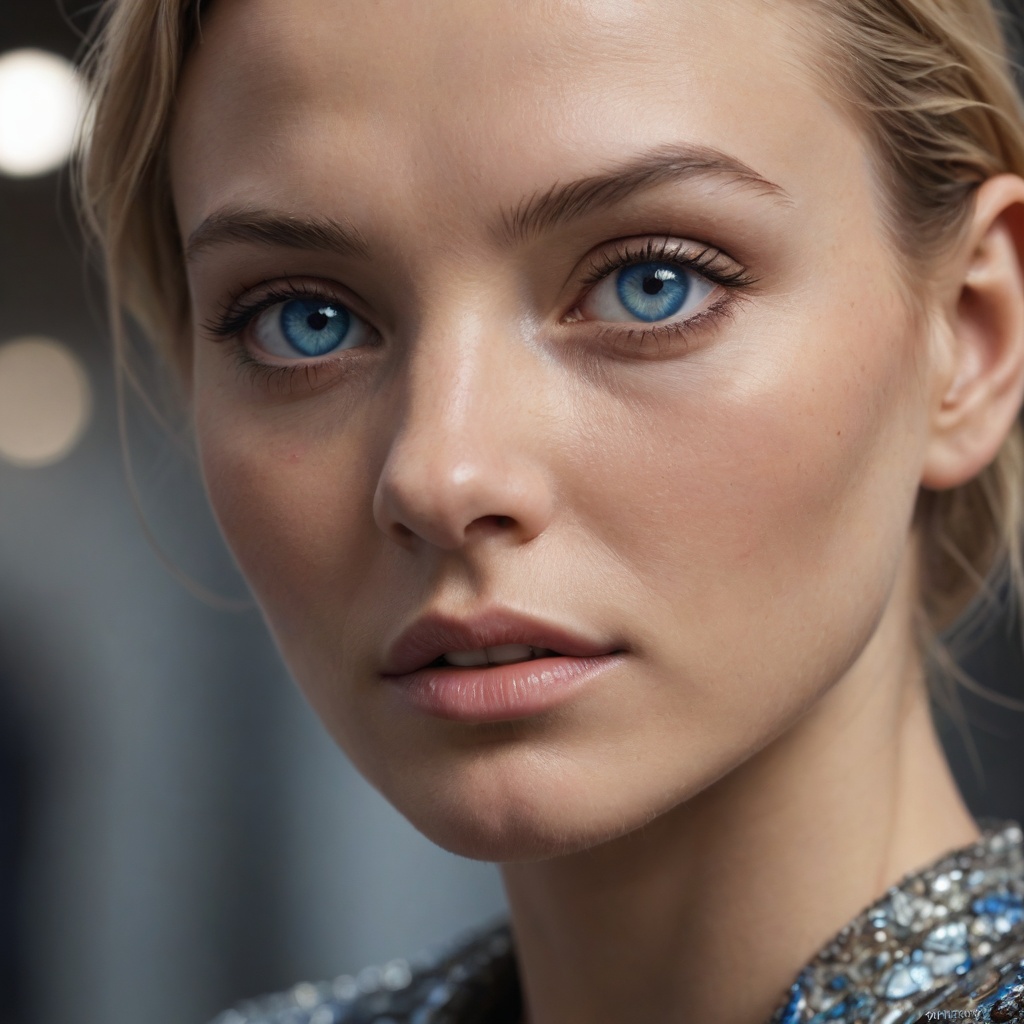award winning close up face portrait with focus on glossy blue eyes with light from the side,  haute couture,  bottega ven...