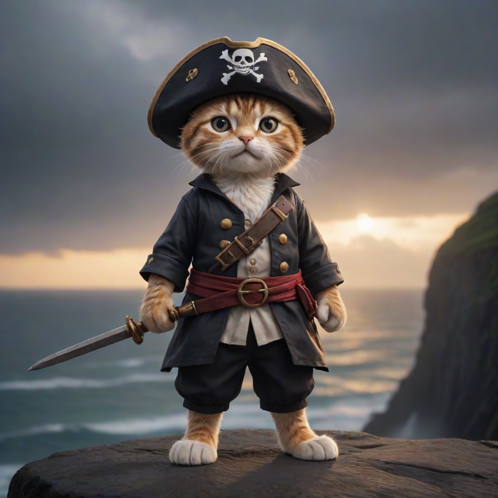 a cute cat pirate one piece outfit wearing a straw hat he is raising his saber and is standing on a cliff and is looking d...