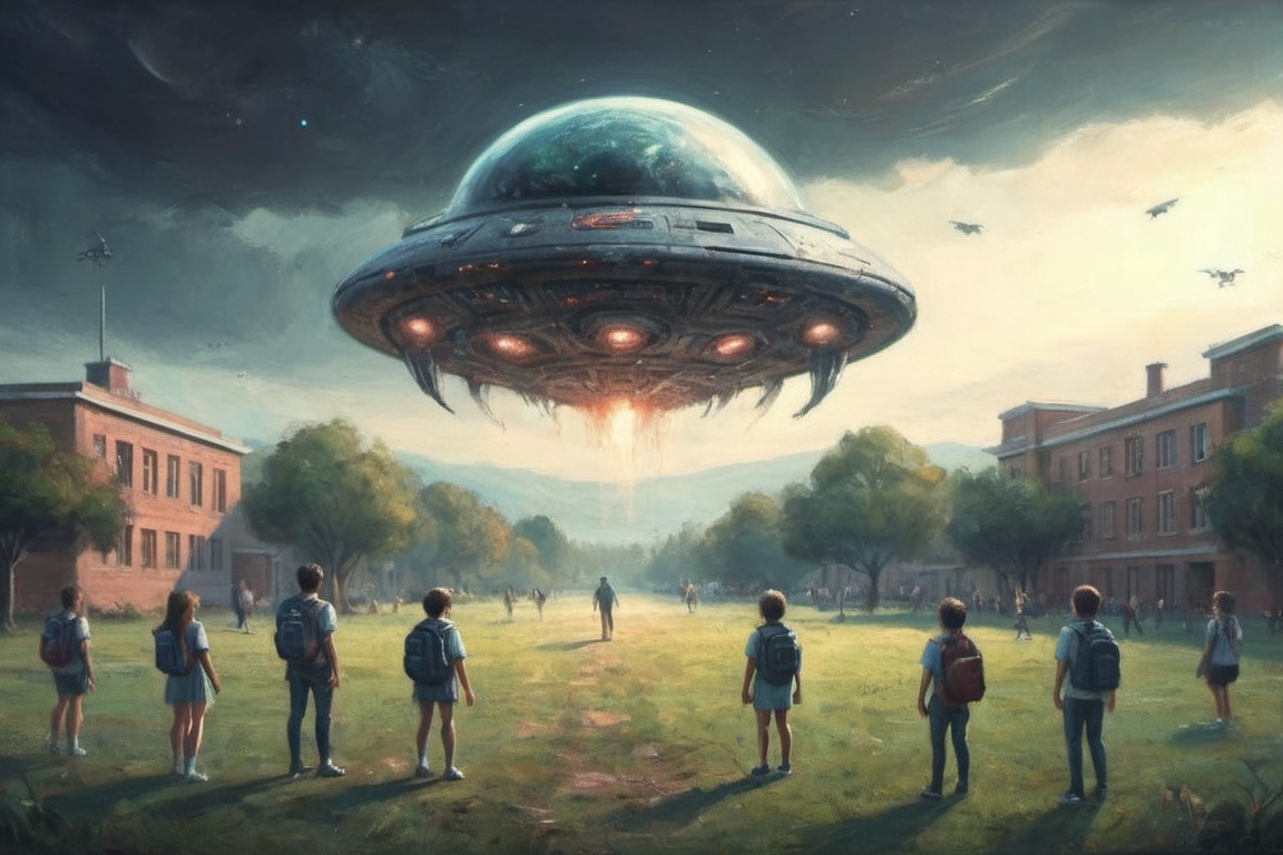 alien spaceship landing on school ground,  school students watching it with fear,  cinematic on Tensor.Art