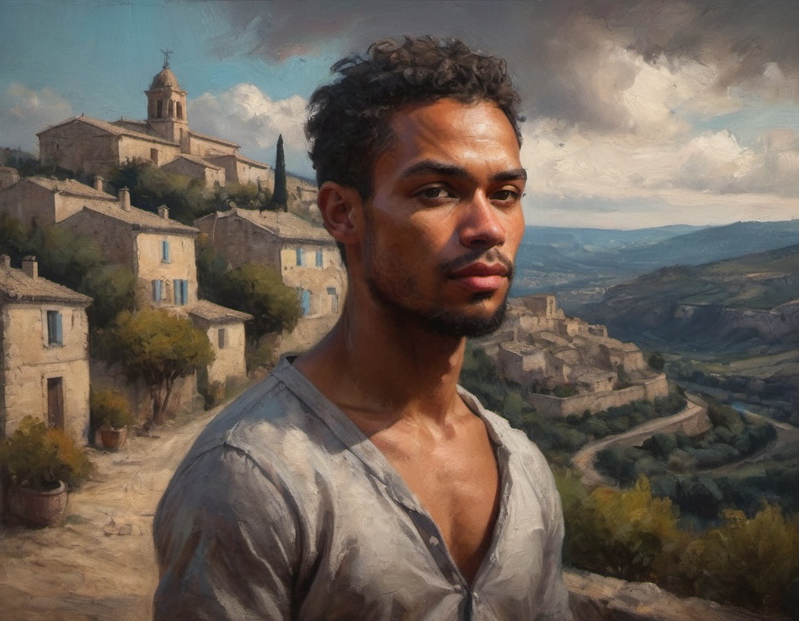 oil painting biracial head and shoulders French model in Gordes Provence detailed rich colors by Max Rive and Ryan Dyar on...