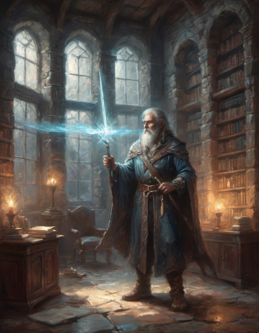 a fantasy warrior wizard holding a crystal-topped staff and sword glowing magical energies dramatic pose standing in his l...