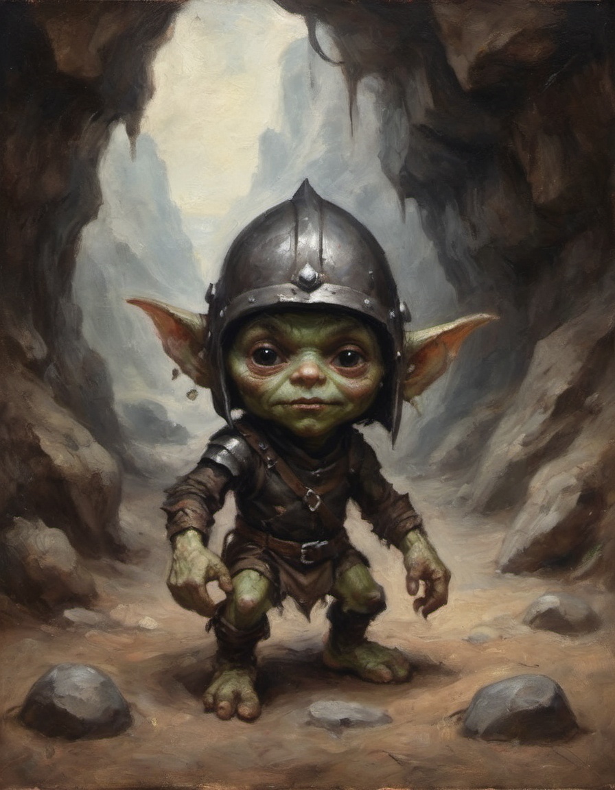 oil painting of a diminutive goblin wearing a metal helmet and leather tunic emerging from the shadows of a long cave wiry...