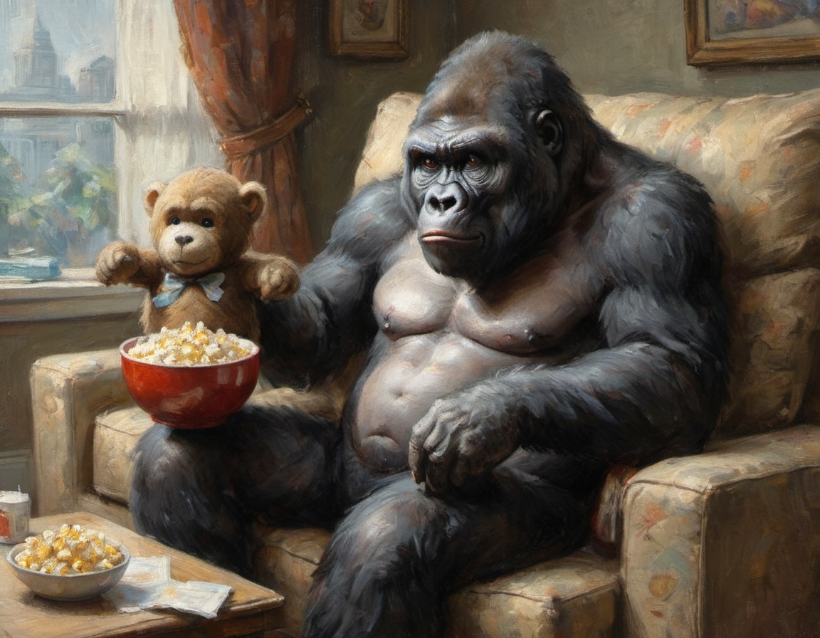 a gorilla holds a teddy bear on the couch watching movies on a big CRT television and eating from a big bowl of popcorn on...