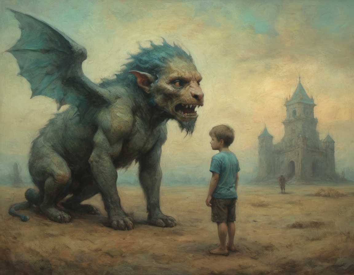 oil painting boy and chimera by nerdrum and by beksinski and by ajanicki on Tensor.Art