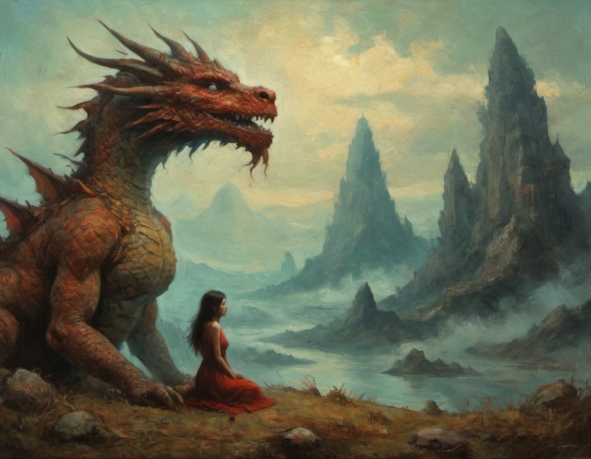 oil painting girl and dragon by beksinski style and ajanicki and deodato on Tensor.Art