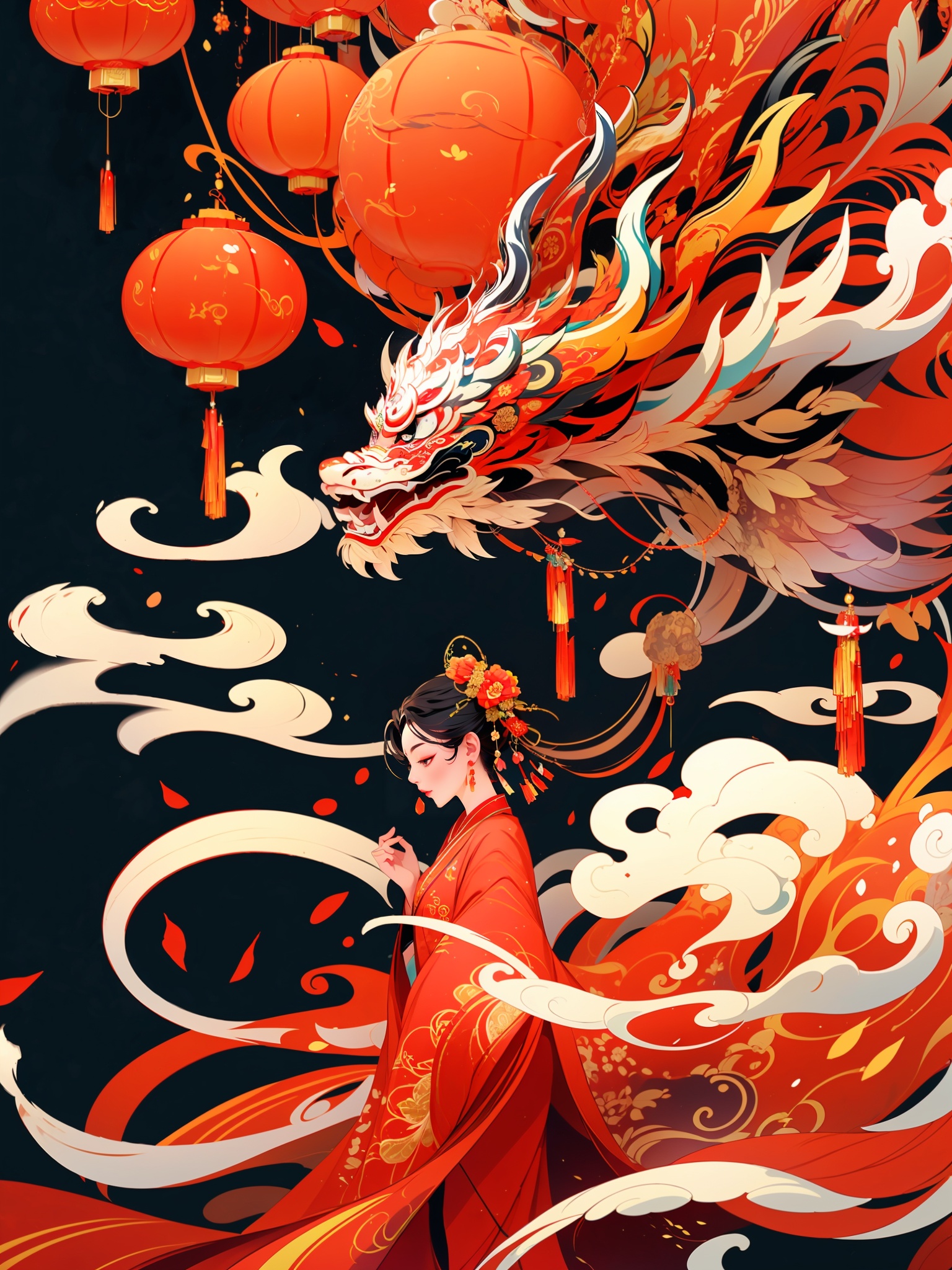 1Girl,red costume,Chinese New Year,lanterns,lion dance,fireworks,firecrackers,happy Chinese New Year <lora:KEiron东方美人插画:1>