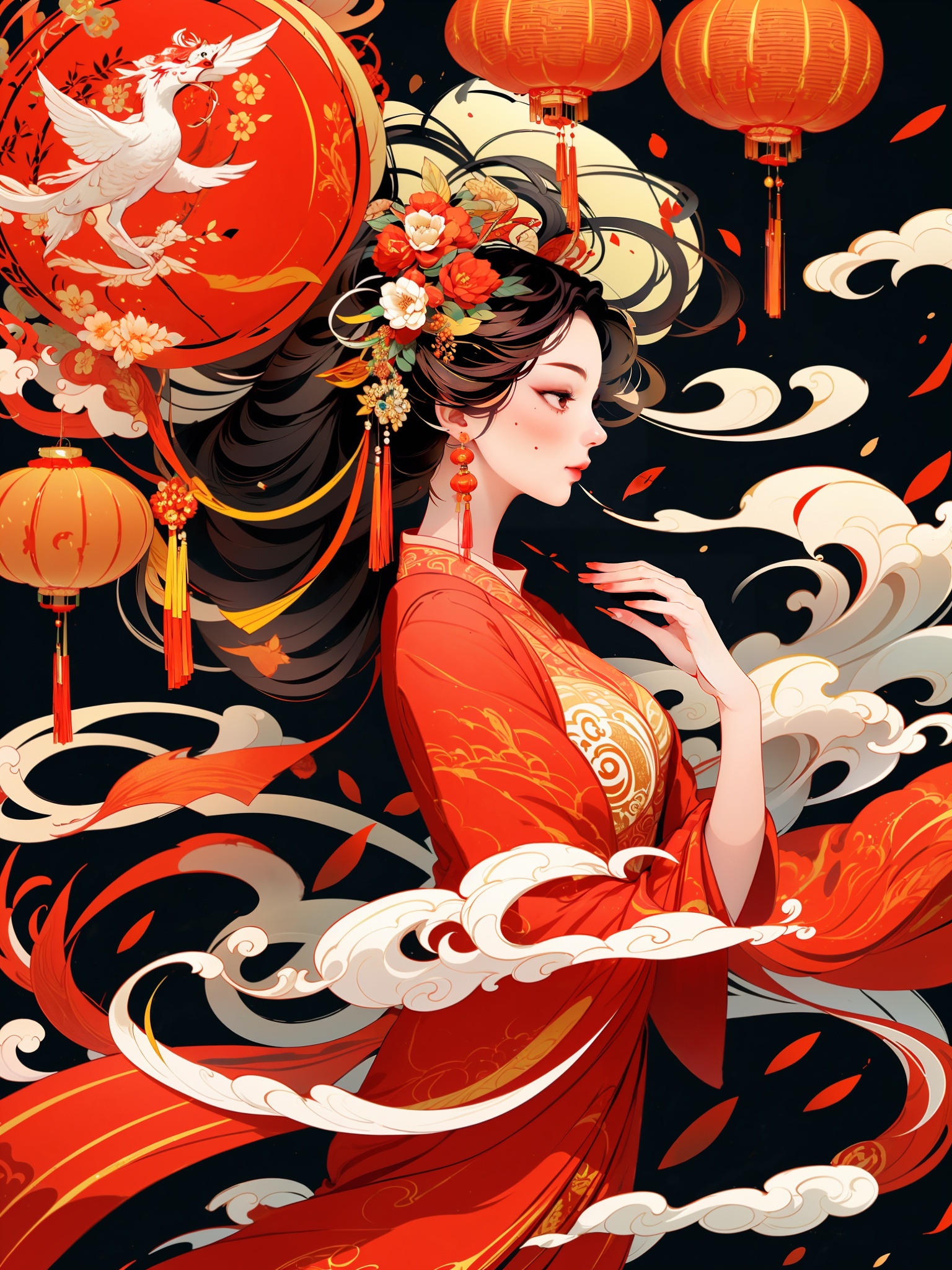 1Girl,red costume,Chinese New Year,lanterns,lion dance,fireworks,firecrackers,happy Chinese New Year <lora:KEiron东方美人插画:1>