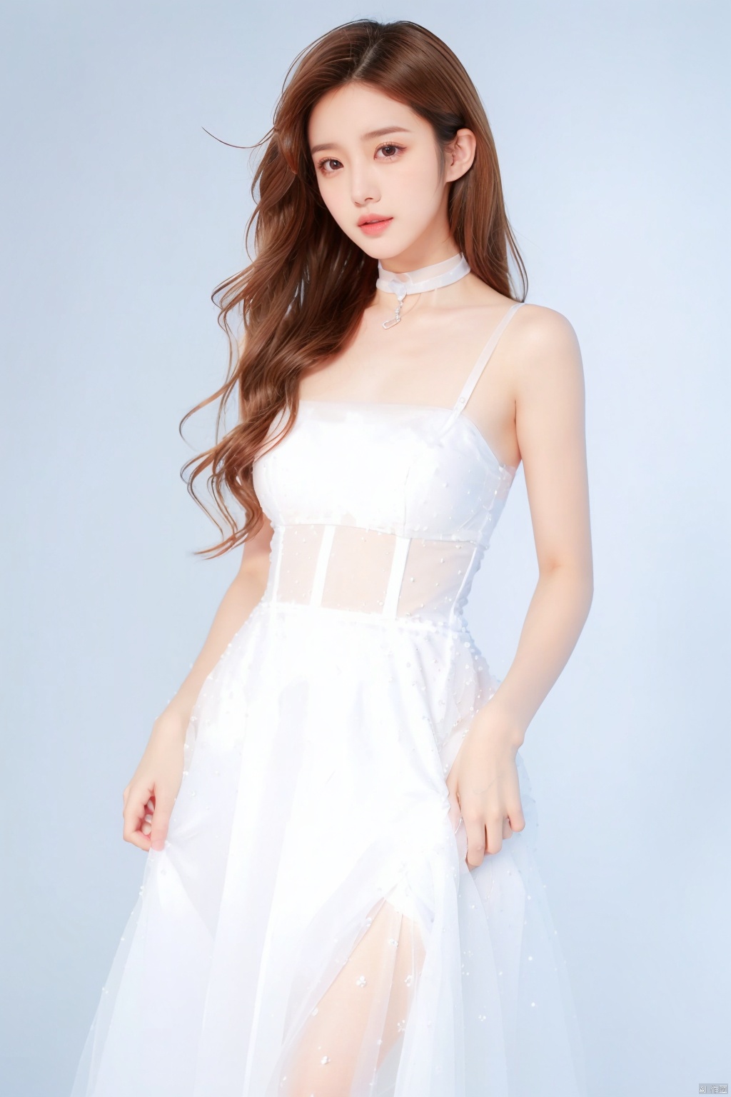 jy, 1girl, solo, brown hair, dress, long hair, nipples, white dress, looking at viewer, choker, brown eyes, realistic