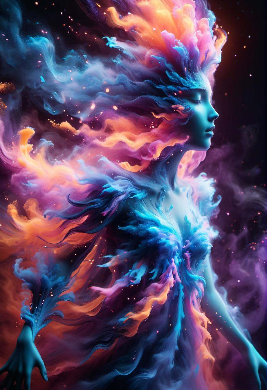 Dreamscape ,  dissolve,  pain creator made of brightly colored smoke particles dissolving rapidly into the wind on Tensor.Art