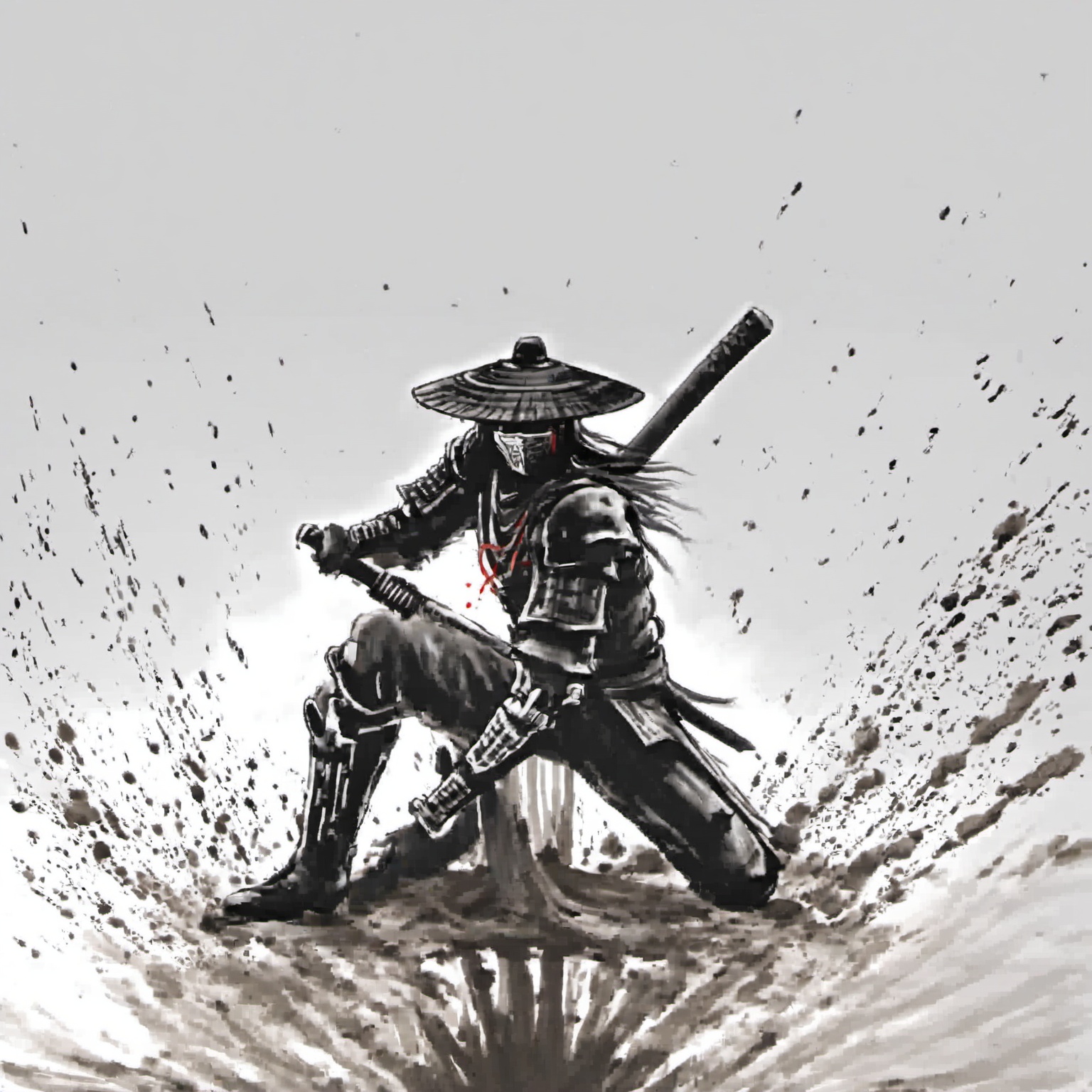 <lora:ink_xiakexing_xl_v1:0.8>,tree,mountains,ink painting,a drawing of a person sitting on a motorcycle in the mud with a hat on their head and a cane in his hand,solo,long hair,1boy,hat,holding,monochrome,weapon,male focus,boots,sword,holding weapon,armor,gun,blood,mask,glowing,sheath,spot color,japanese armor,one knee,katana,letterboxed,fighting stance,ajirogasa,