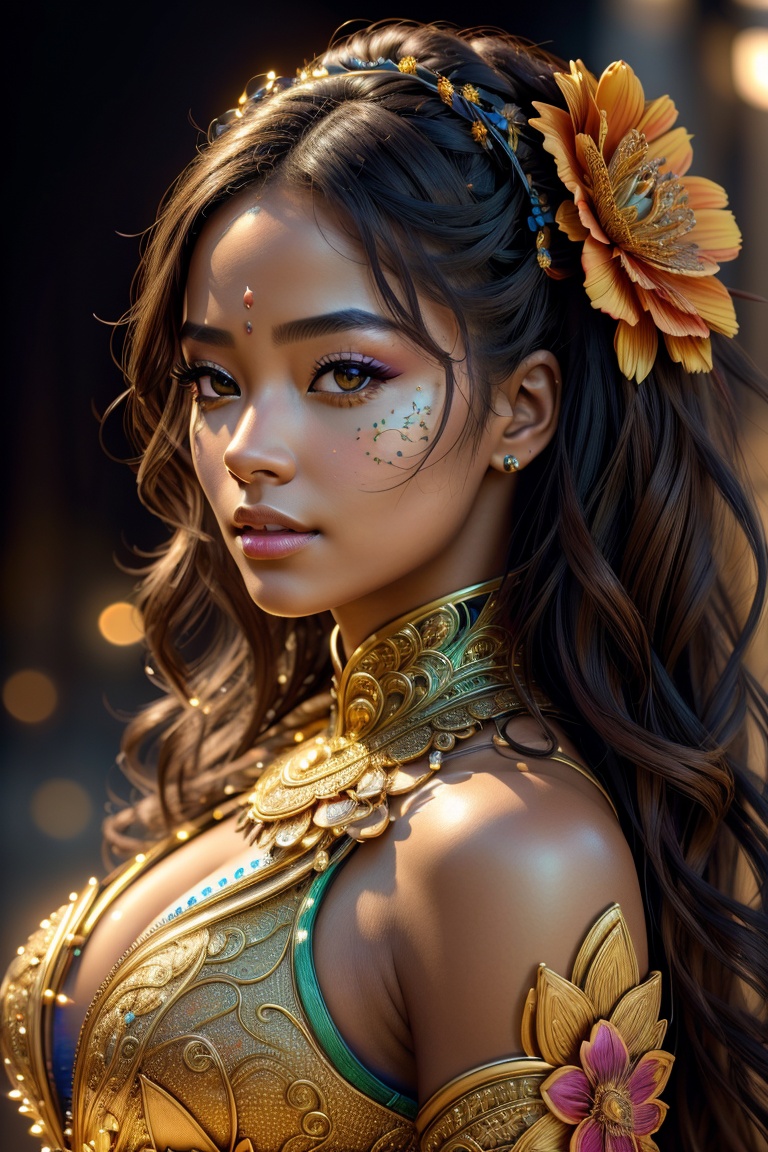 (best quality, realistic, high-resolution), colorful portrait of a woman with flawless anatomy. She is wearing a stunning flower dress that compliments her vibrant personality. Her skin is extremely detailed and realistic, with a natural and lifelike texture. The background is dark, which creates a striking contrast to the colorful flowers adorning her armor. The flowers on her armor represent her strength and beauty. The lighting accentuates the contours of her face, adding depth and dimension to the portrait. The overall composition is masterfully done, showcasing the intricate details and achieving a high level of realism, Realistic