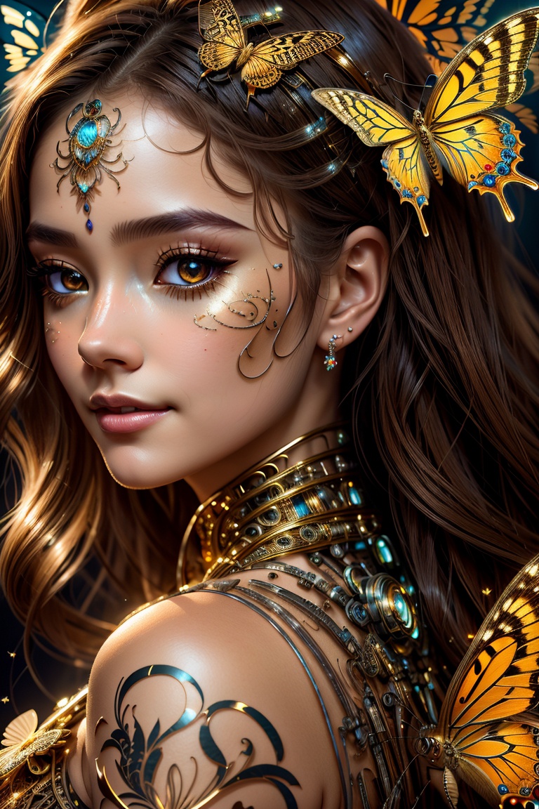 A (highly detailed, elegant) portrait that seamlessly combines elements of digital photography and surreal painting. The subject is a beautiful cyborg with (intricate, majestic) features and brown hair. cute smile, Her cybernetic enhancements are adorned with a (golden butterfly filigree) that adds an element of mystique. The scene is set against a backdrop of (broken glass), creating a unique and captivating blend of beauty and surrealism.