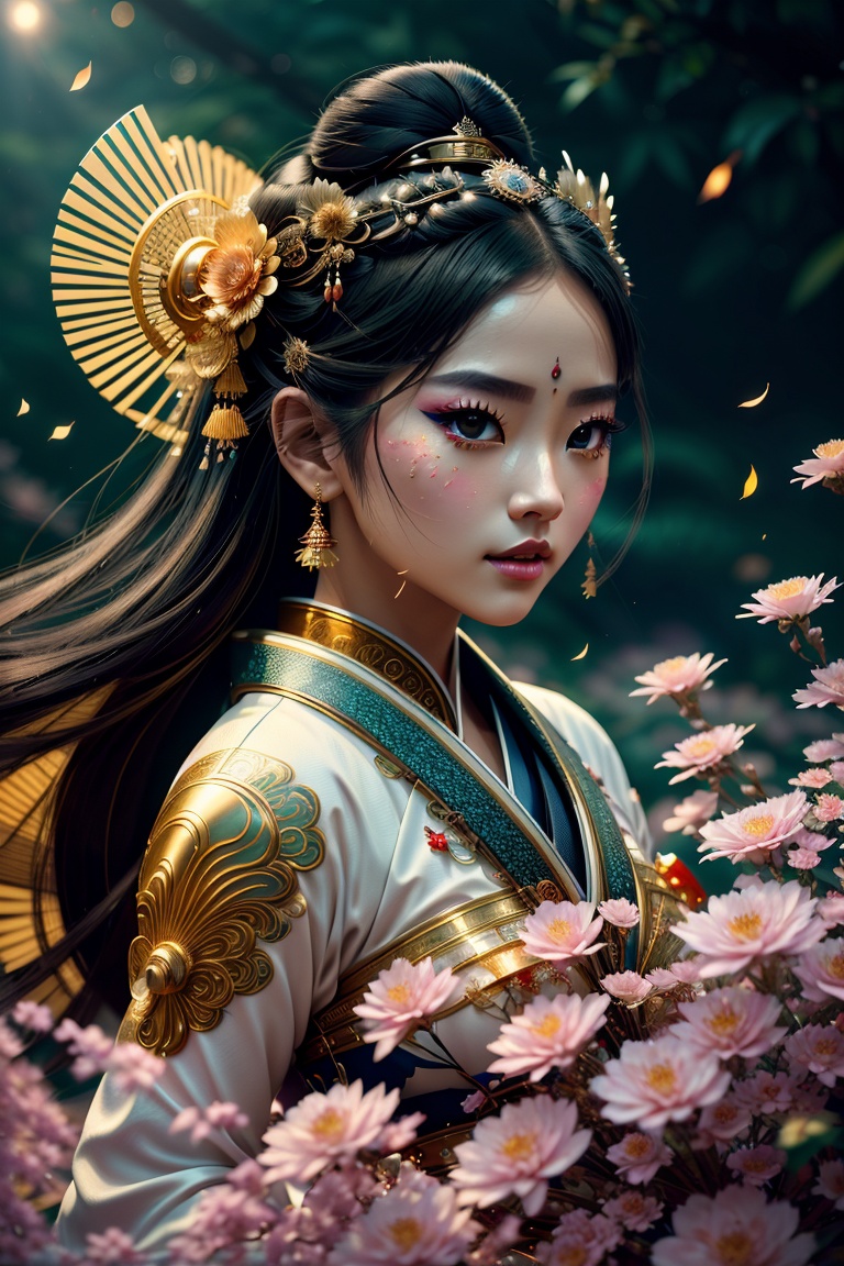 (best quality, 8K, ultra-detailed, masterpiece), (cinematic montage, traditional animation), Create a captivating 8K masterpiece that seamlessly blends the grace of a geisha with the aesthetics of futuristic robots. The geisha should wear intricate body-painting, featuring delicate flowers on her face, representing a unique fusion of tradition and innovation. Emulate the style of an appropriation artist, using cinematic montages and traditional animation techniques to convey a dynamic anime-inspired scene. Incorporate elements from schlieren photography to infuse an otherworldly, ethereal quality into the composition. This artwork should serve as a true masterpiece, offering a mesmerizing journey through the realms of art, culture, and technology.