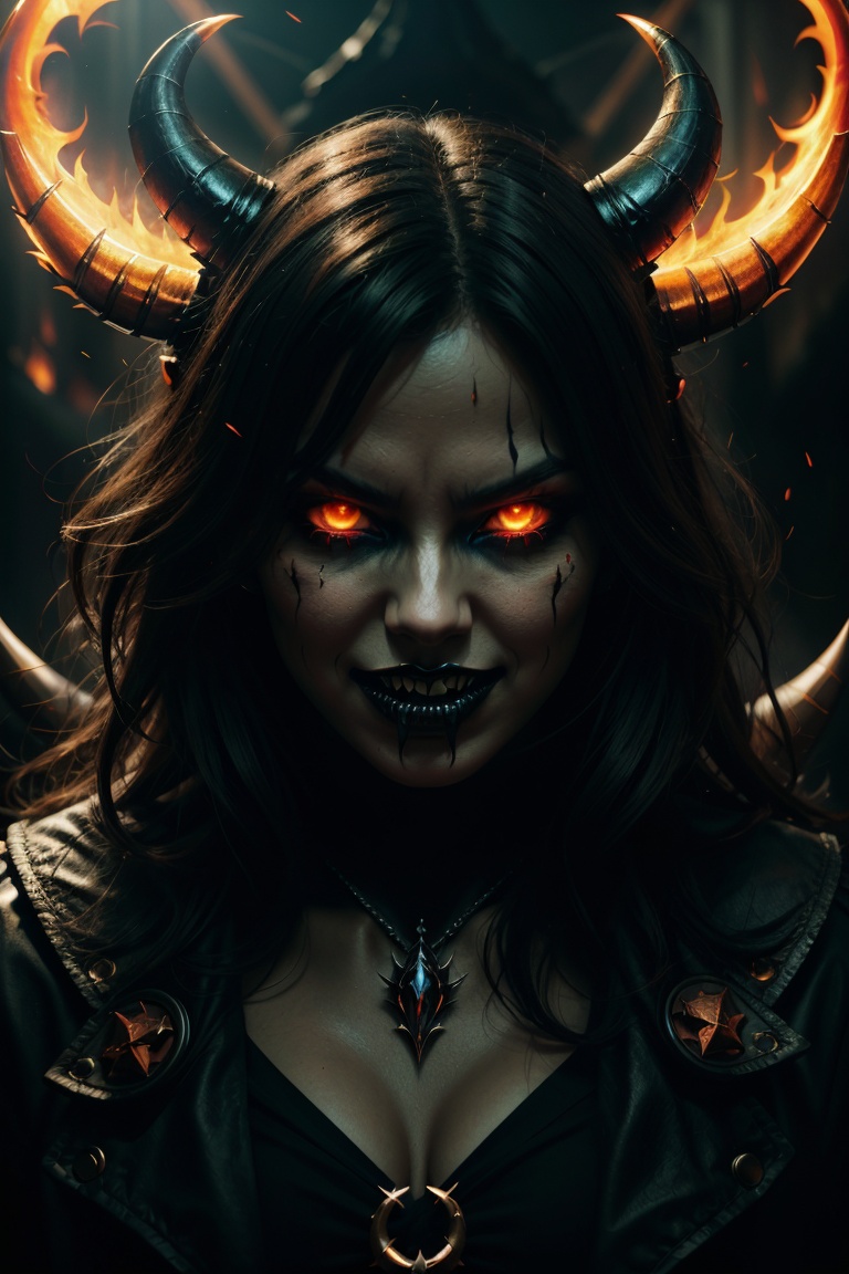 devil, detailed devil, hellfire, flaming background, dark atmosphere, vibrant colors, ominous shadows, ethereal glow, demonic features, sharp claws, intense gaze, sinister grin, evil horns, menacing presence, impressive horns, fiery aura, dynamic composition, foreboding mood, striking cinematography, cinematic lighting, movie scene, dramatic angles, dynamic camera movement, epic scale, muted colors, dramatic contrast, professional, crisp details, depth of field, photorealistic, meticulous textures, magnificent, detailed background elements, maximum details, smooth brushstrokes, roughness, hyper realistic.