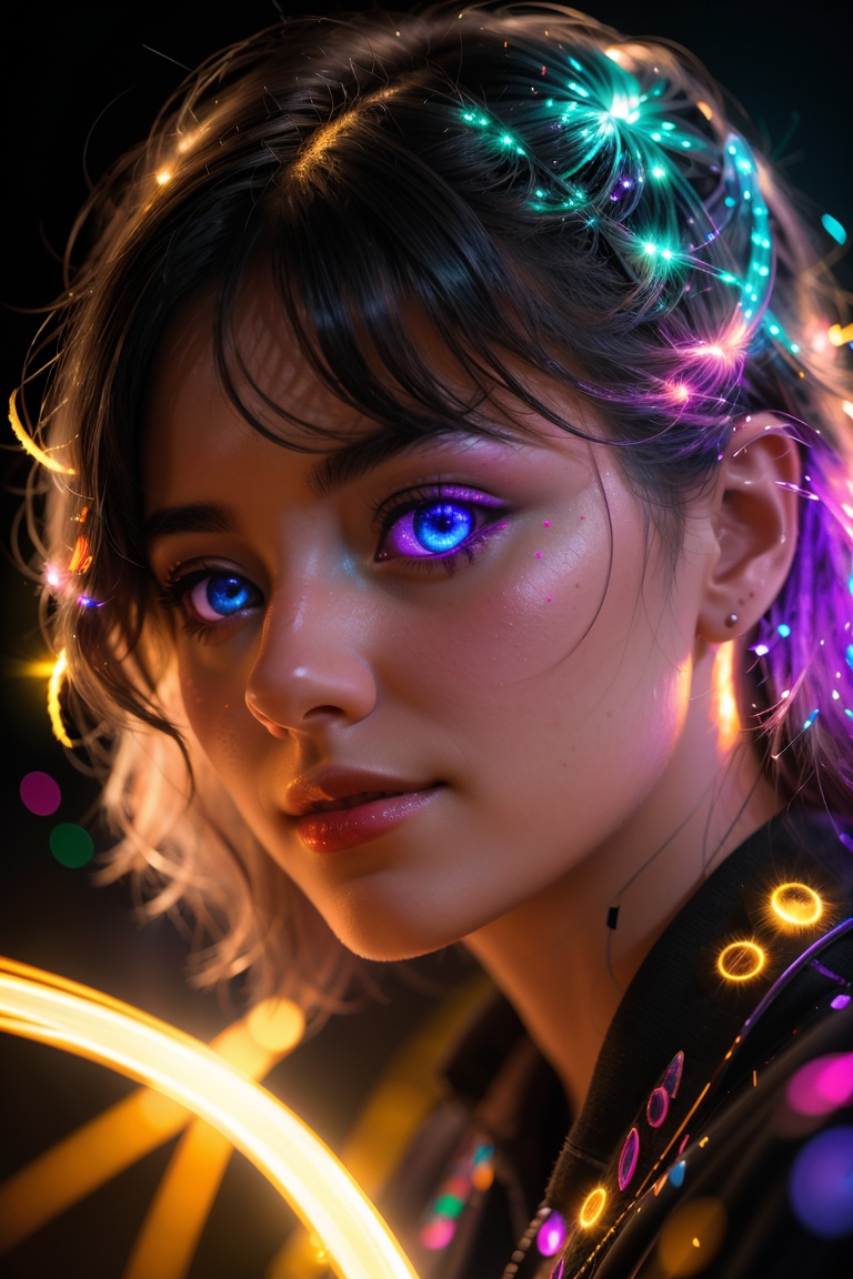 best quality, 4k, 8k, highres, masterpiece:1.2), ultra-detailed, (realistic, photorealistic, photo-realistic:1.37), Luminogram portrait with fiber optic light painting, Light field photography, Light painting, Light tracing, portraits, bokeh, studio lighting, physically-based rendering, vivid colors, sharp focus, reverse vignette, ethereal glow, colorful, delicate details, soft shadows, luminescent strands, subtle highlights, ambient incandescent light, fantastical atmosphere, glowing figures, unconventional light sources, contrasting hues, fiber optic brushstrokes, hypnotic patterns, trail of lights, playful illumination
