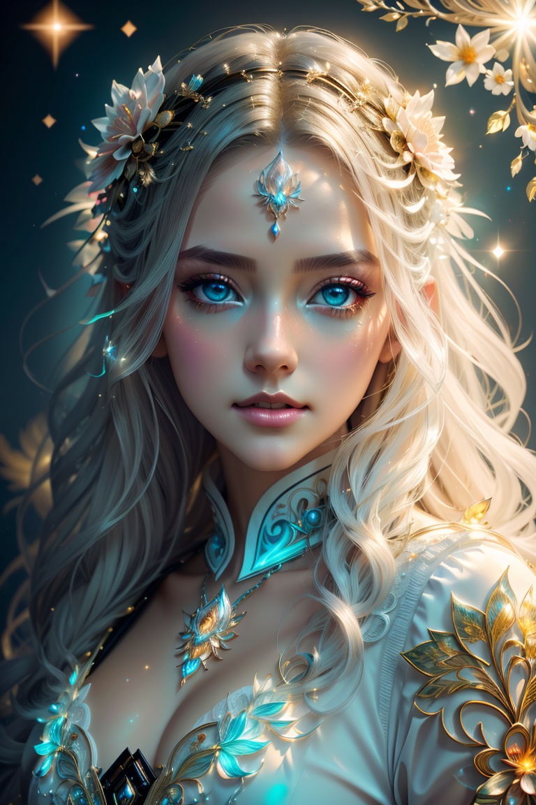 ((gorgeous princess)), one person, long flowing white hair, (bright and beautiful eyes), trending on Art Station, Flower of Hope by Jean-Honor Fragonard, Peter mohrbacher, super detailed, crazy details, Stunning, intricate, elite, art nouveau, ornate, liquid wax, elegant, luxurious, Greg Rutkowski, ink style, sticker, vector art beautiful character design, double exposure shot, luminous design , winning entry, masterpiece, amoled black background