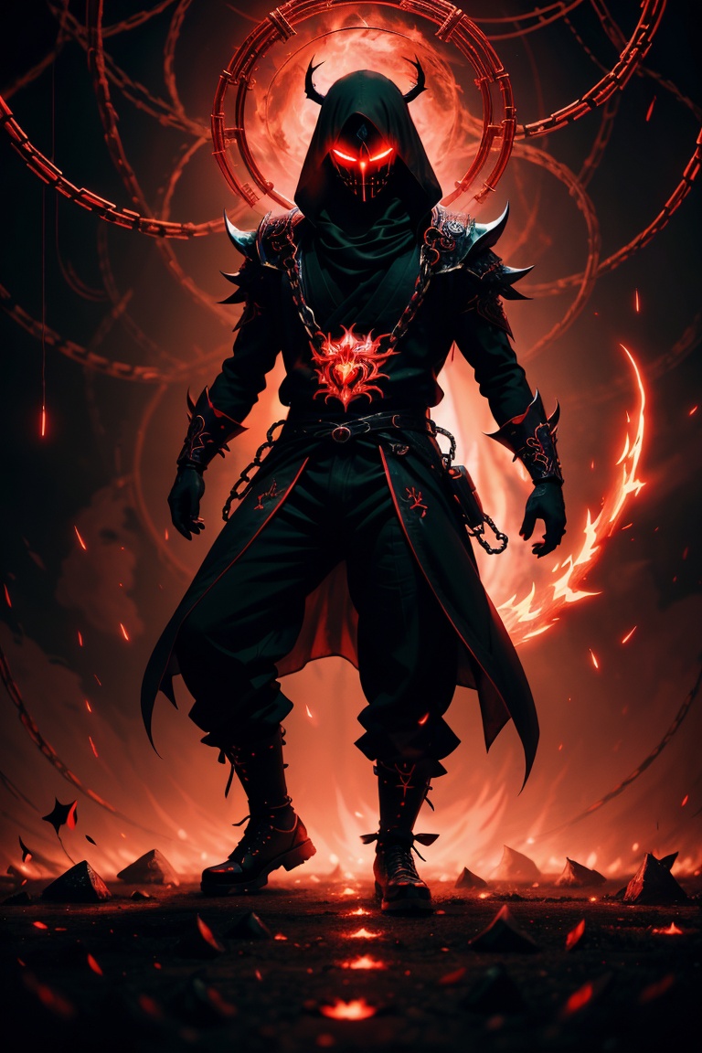 (Anime-style:1.3), (Dark and intense:1.2), A striking anime character, shrouded in shadows and poised for battle, stands against a deep crimson background adorned with menacing chains. Glowing red hollow fire particles dance around the scene, creating an otherworldly ambiance. The unique pastel look adds an ethereal touch to this dramatic and visually intense composition.