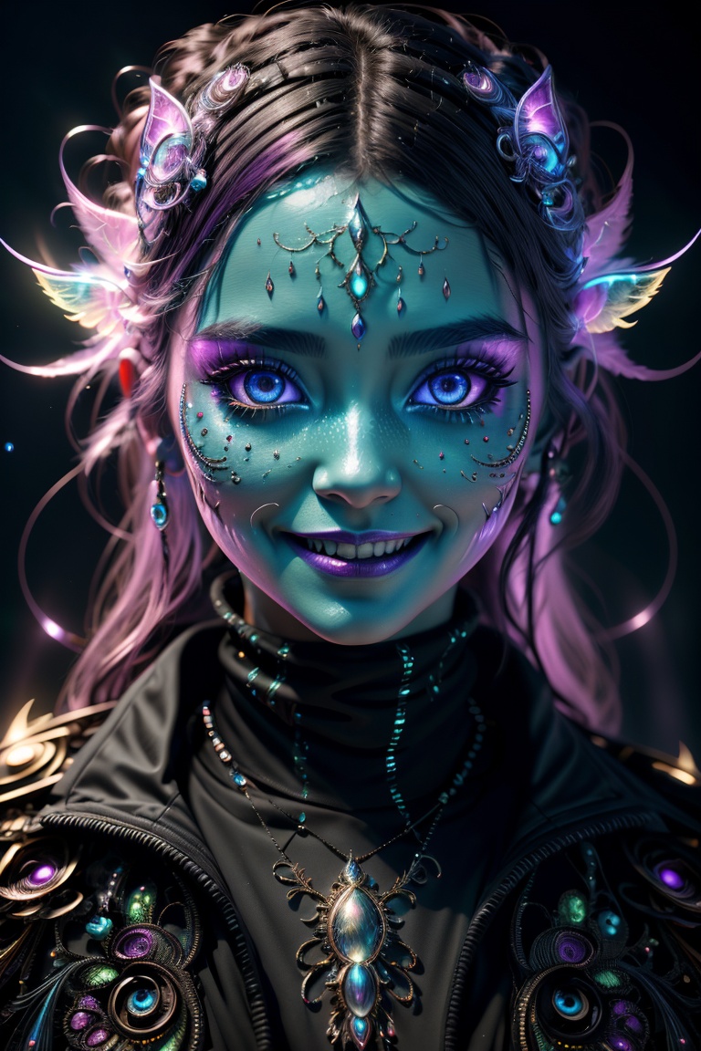 best quality, 8k, ultra-detailed, realistic:1.37, vibrant colors, vivid shading, breathtaking portrait of an alien shapeshifter entity, mesmerizing eyes, intricate facial details, otherworldly skin texture, insane smile, unnerving and intricate complexity, surreal horror atmosphere, dark shadows, inverted neon rainbow drip paint, ethereal glow, hypnotic energy, transcendent beauty, mystical aura, octane render