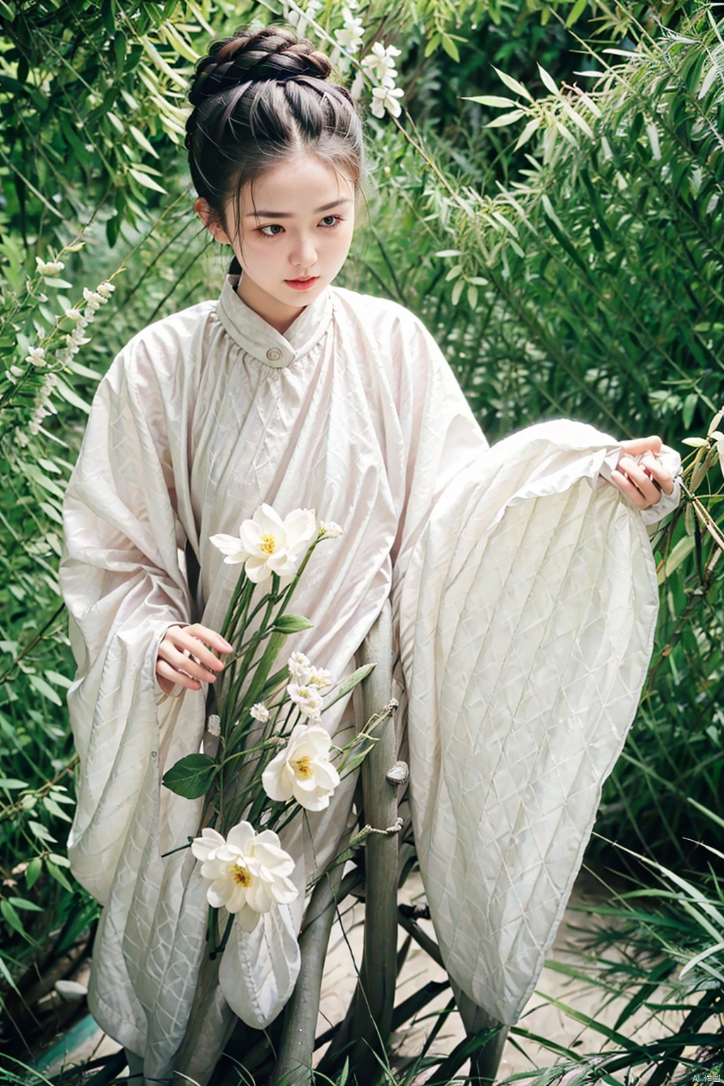 (1 girl:1.3), (best quality, masterpiece, ultra high resolution),(photorealistic:1.3), (realistic:1.3), depth of field,(cinematic lighting:1.2),full_body, flower background, spring