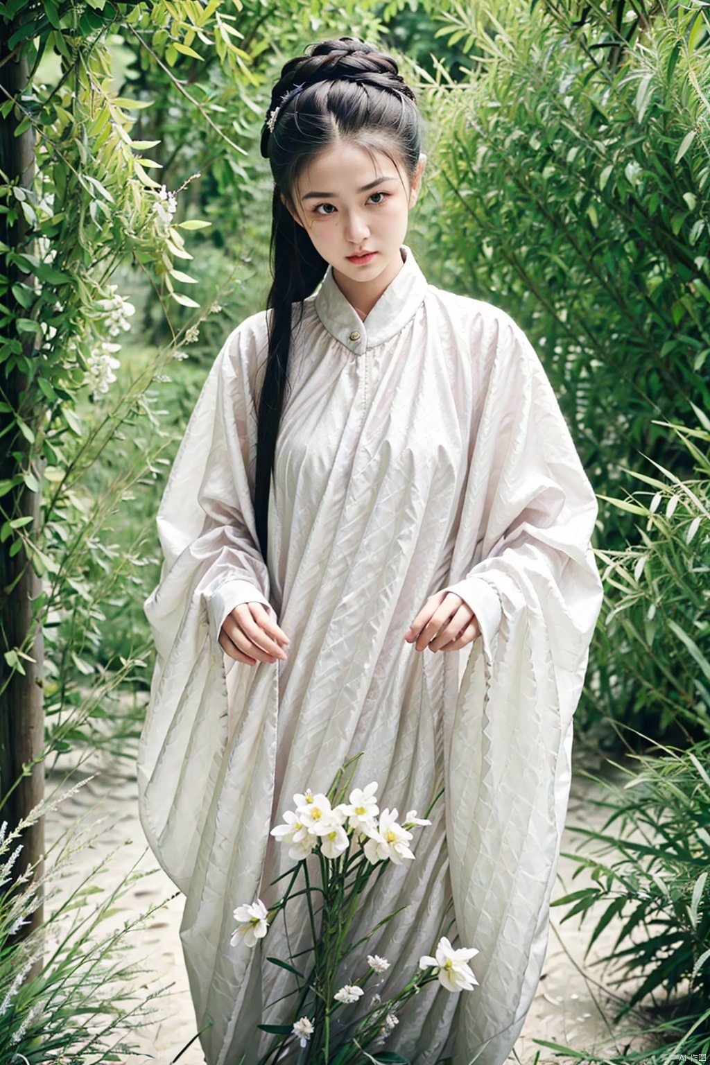 (1 girl:1.3), (best quality, masterpiece, ultra high resolution),(photorealistic:1.3), (realistic:1.3), depth of field,(cinematic lighting:1.2),full_body, flower background, spring