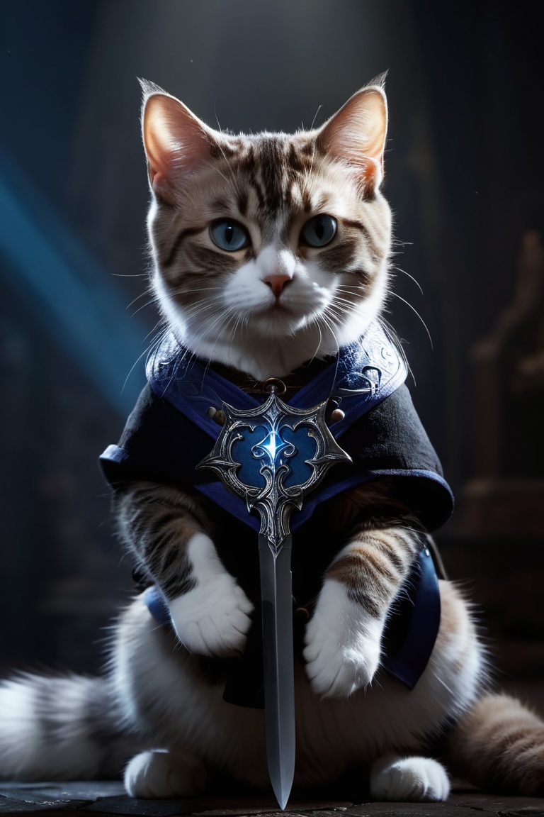 ),  A cute cat battle mage,  sword and shild with runes on Tensor.Art