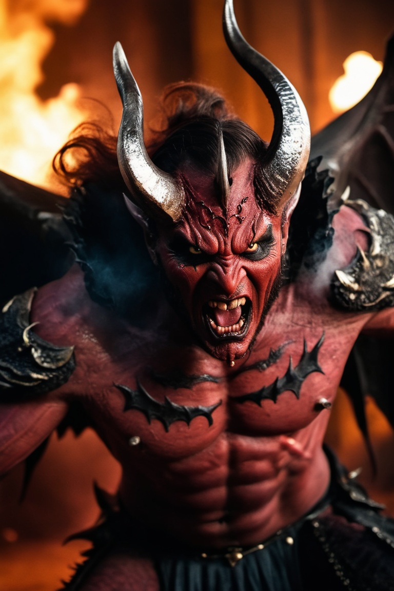 Horror-themed cinematic film still,  a horrifying red-skinned male demon king, on Tensor.Art